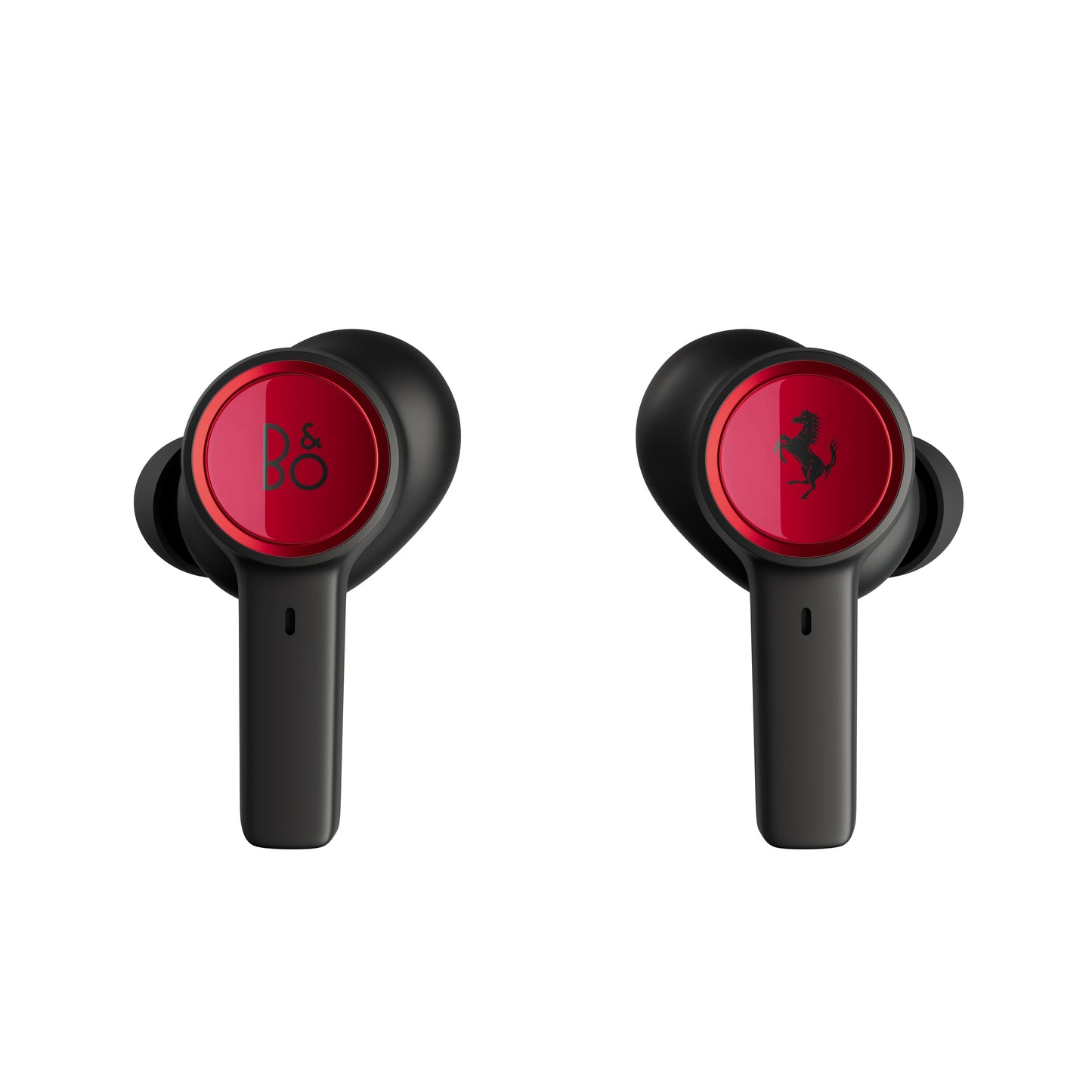 Bang & Olufsen BeoPlay EX Ferrari Edition Earbuds mit Logos von B&O und Ferrari