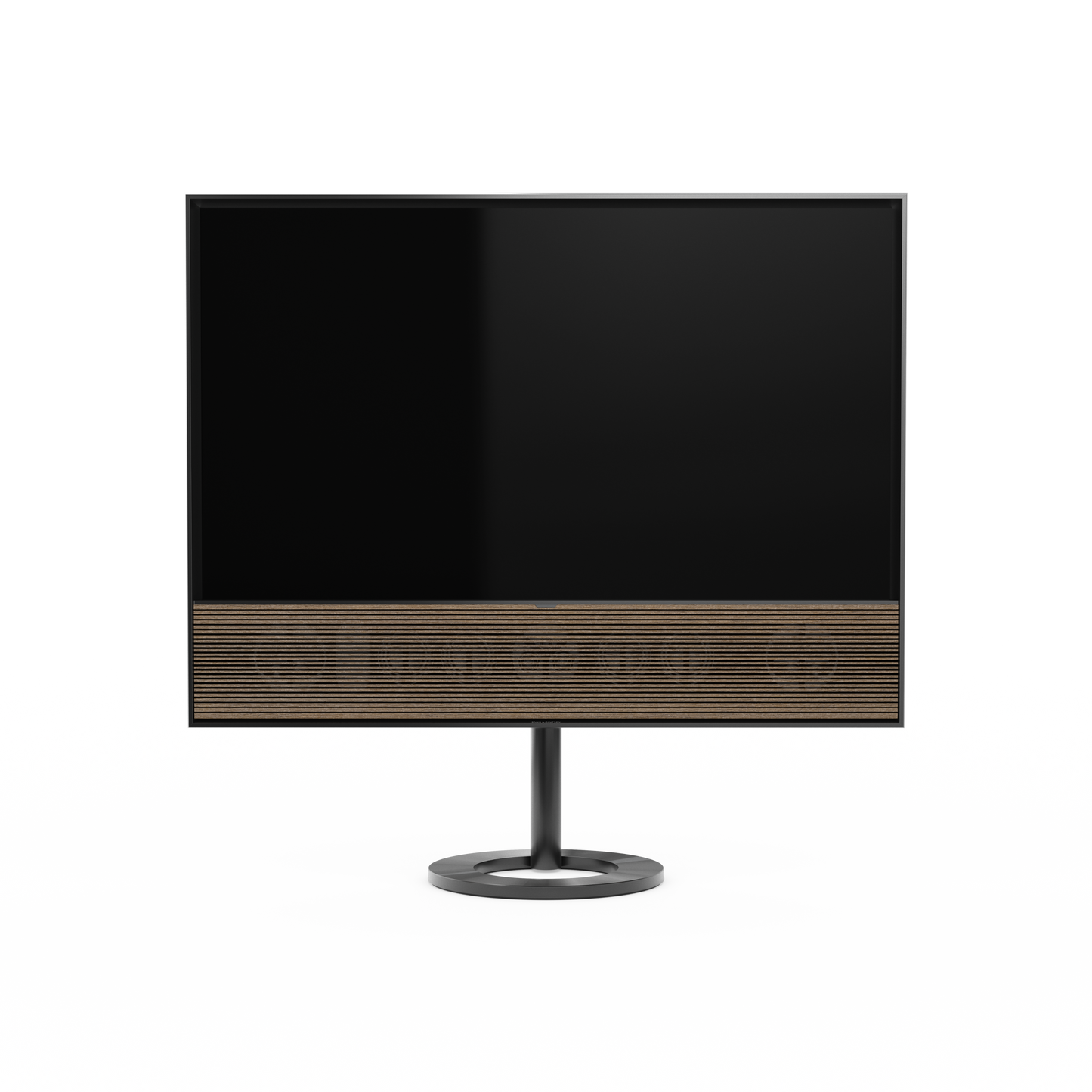 B&O Beovision Contour 48 Zoll Black Anthracite - auf Bodenstandfuß mit smoked oak Cover - frontale Ansicht