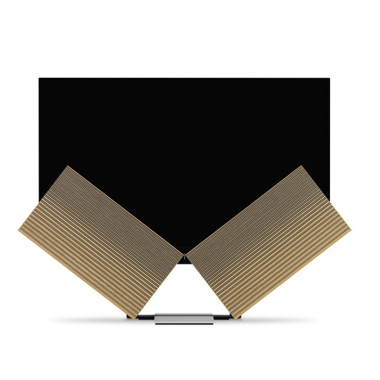 Beovision Harmony in silber/oak auf Bodenstandfuß sich öffnendes Soundcenter