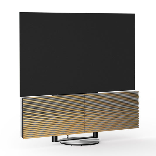 Beovision Harmony Silver mit Cover in Oak auf Motorbodenstandfuß seitlich vorn