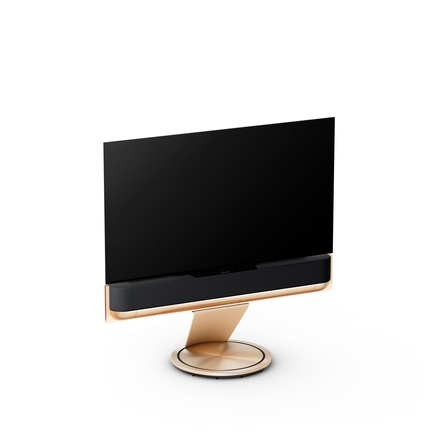 BeoSound Theatre in gold tone as TV in 55 inches with cover in grey melange on floor stand