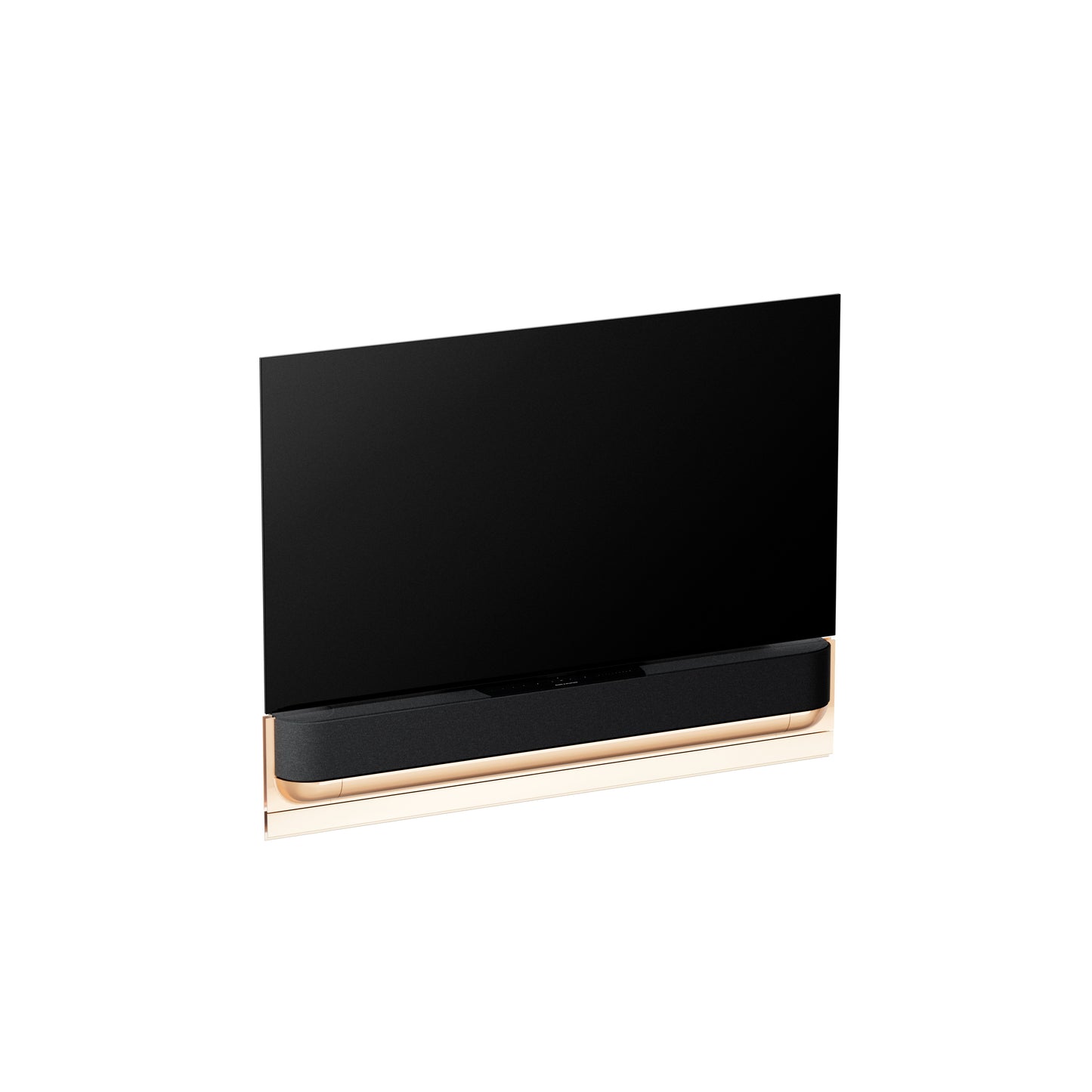 BeoSound Theatre in gold tone as TV in 55 inches with cover in grey melange on wall bracket