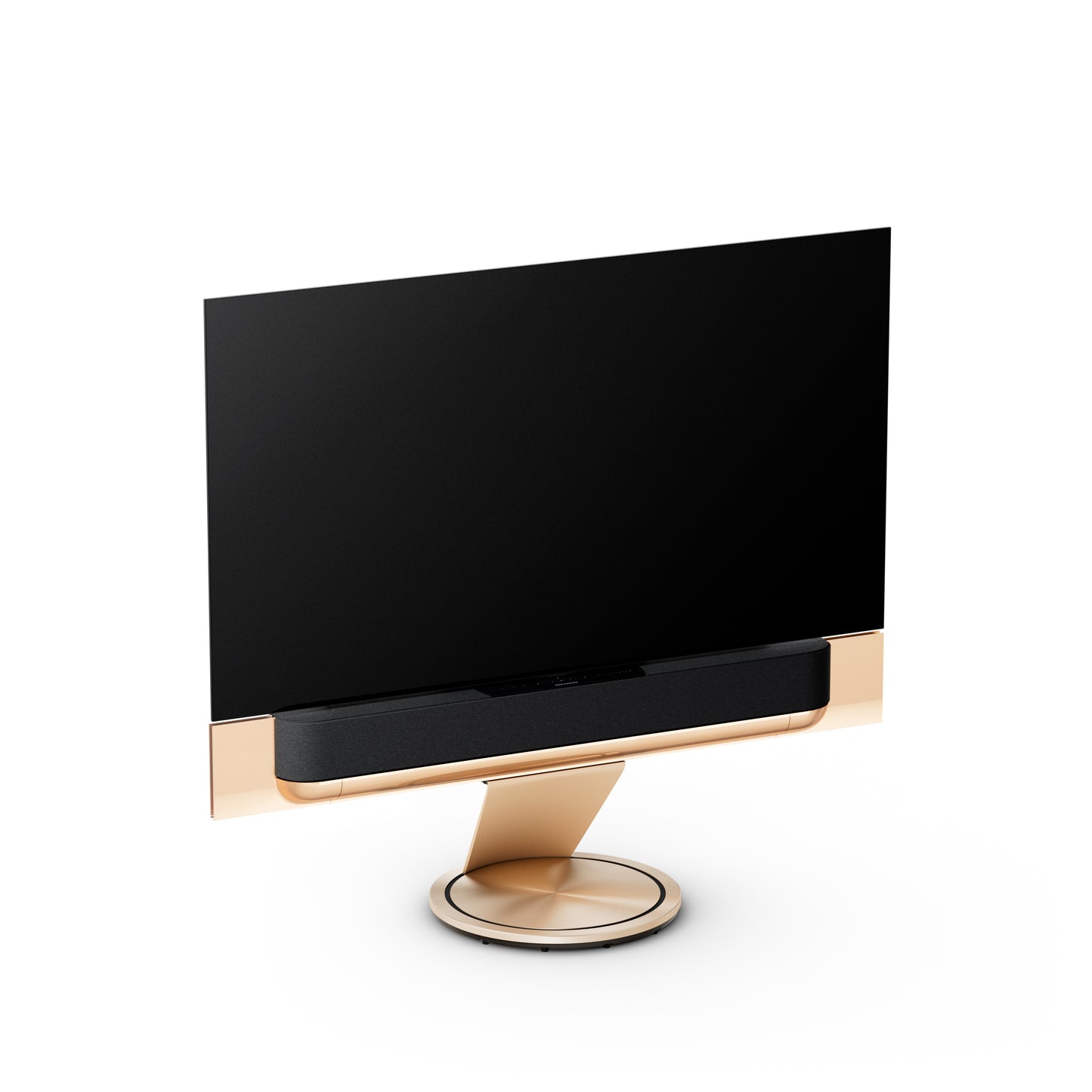 BeoSound Theatre in gold tone as TV in 65 inches with cover in grey melange on floor stand