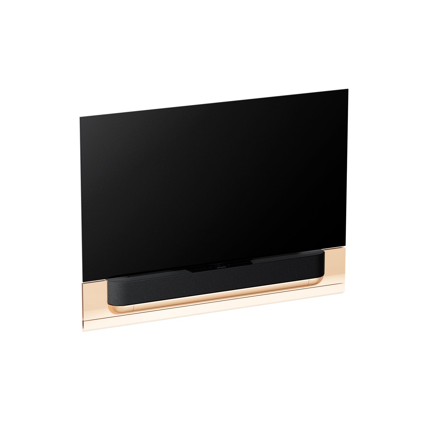 BeoSound Theatre in gold tone as TV in 65 inches with cover in grey melange on wall bracket