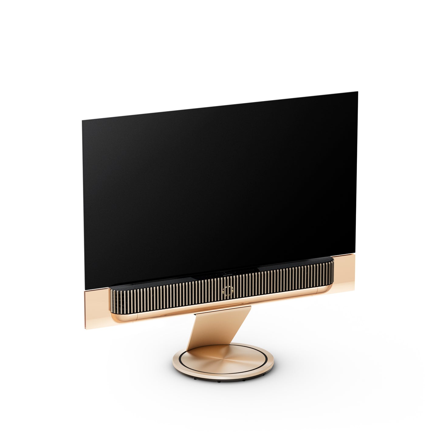 BeoSound Theatre in gold tone as TV in 65 inches with cover in light oak on floor stand