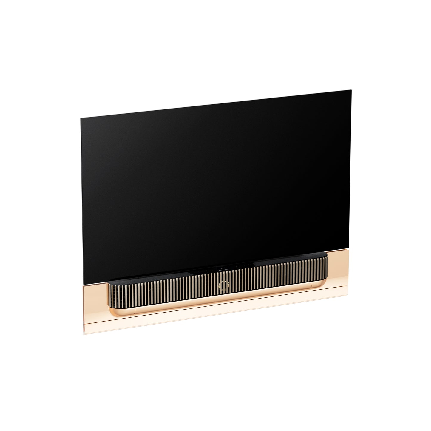 BeoSound Theatre in gold tone as TV in 65 inches with cover in light oak on wall bracket