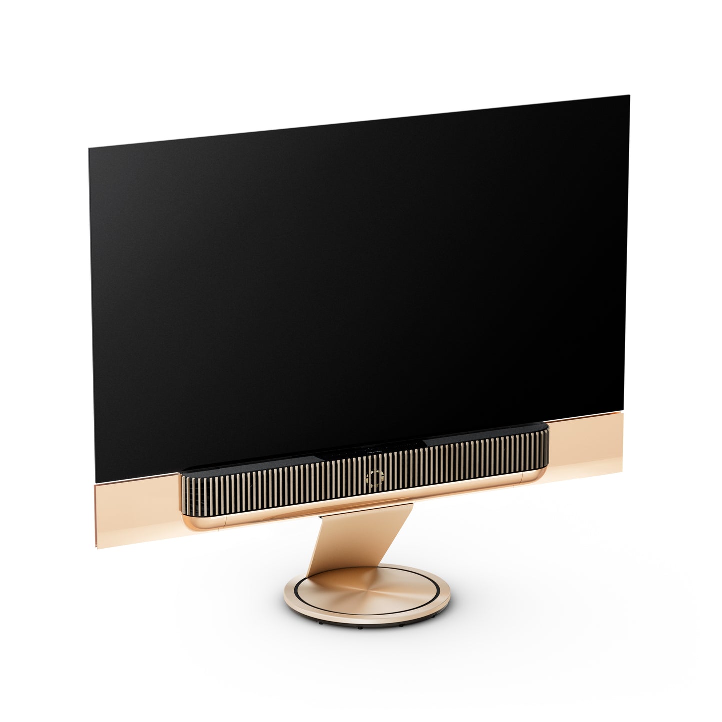 BeoSound Theatre in gold tone as TV in 77 inches with cover in light oak on floor stand