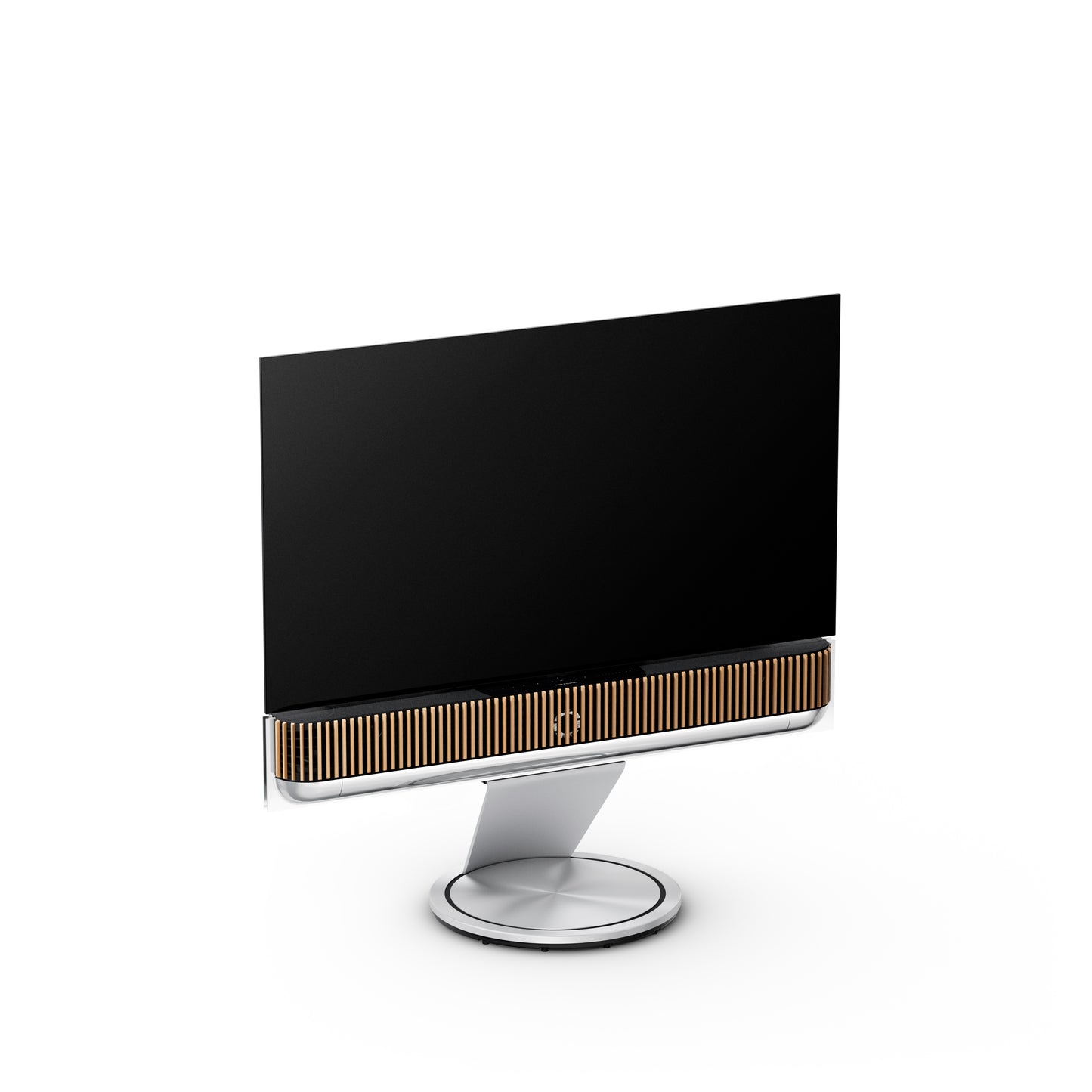 BeoSound Theatre as TV 55 inches with oak wood cover on silver floor stand