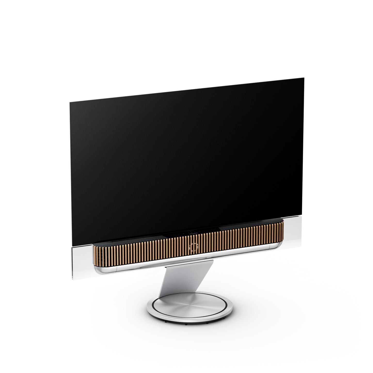 BeoSound Theatre as TV 65 inches with oak wood cover on fllor stand
