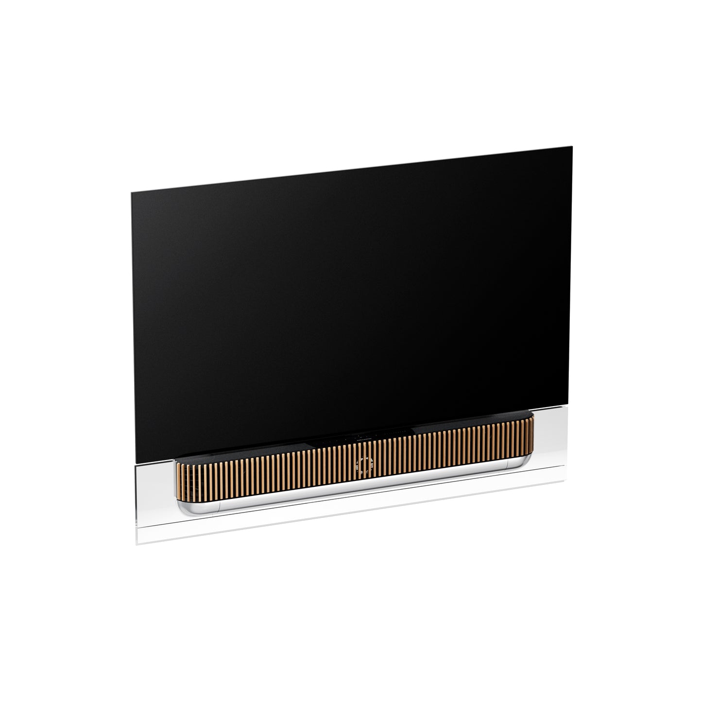 BeoSound Theatre as TV 65 inches with oak wood cover on wall bracket