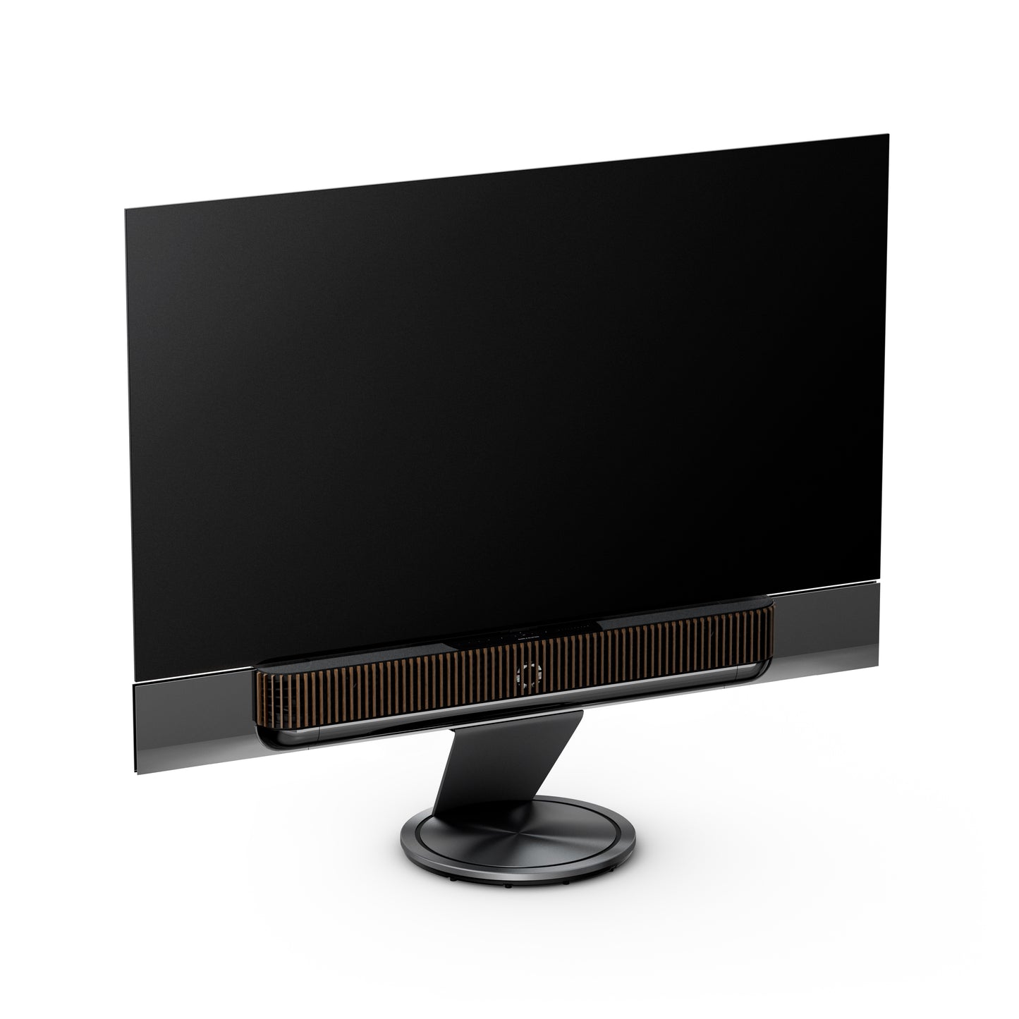 BeoSound Theatre in black anthracite as TV in 77 inches with cover from dark oak wood on floor stand in matching color