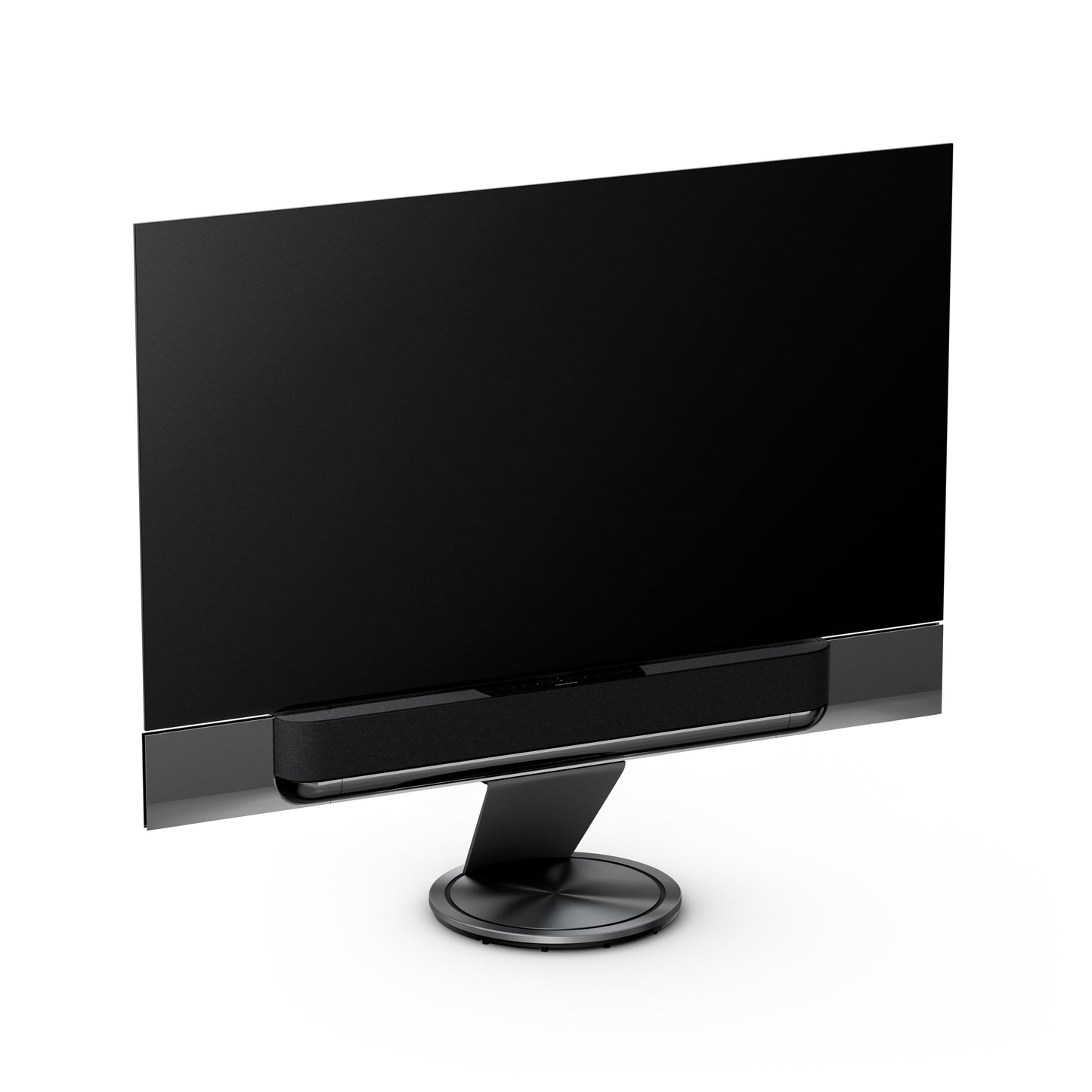 BeoSound Theatre in black anthracite as TV in 77 inches with cover in grey melange on floor stand in matching color