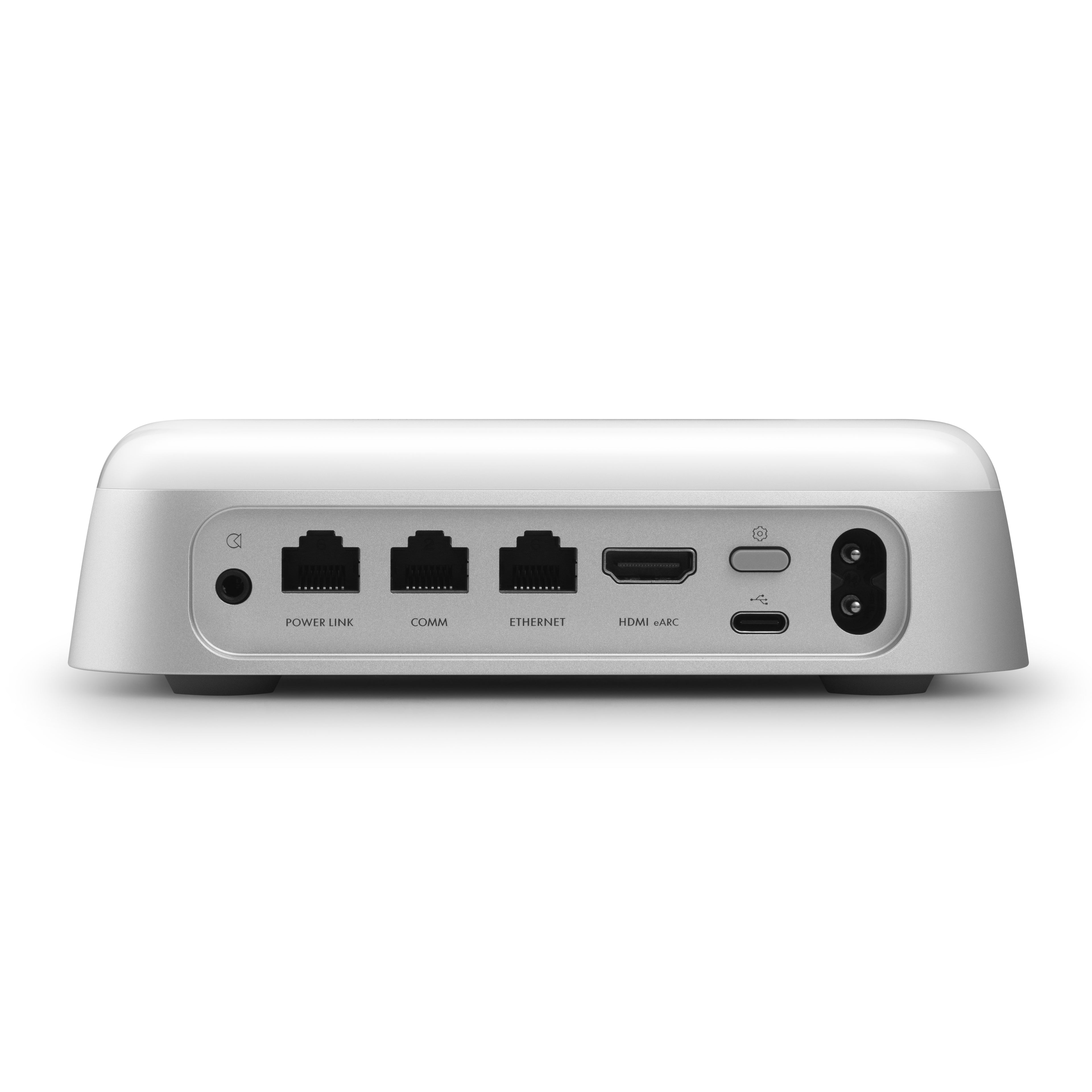Technische Rückansicht des Beoconnect Core mit Beschriftung der Ports: HDMI eARC, Powerlink, COMM, Ethernet, USB-C und Netzanschluss.