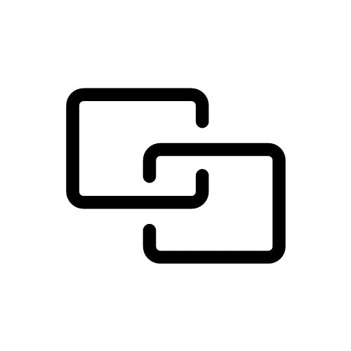 Minimalistisches Beolink Multiroom Icon von Bang & Olufsen in Schwarz auf weißem Hintergrund. Das Symbol aus zwei ineinandergreifenden Quadraten kennzeichnet die Fähigkeit von Audiogeräten, sich drahtlos zu einem raumübergreifenden Soundsystem zu verbinden.