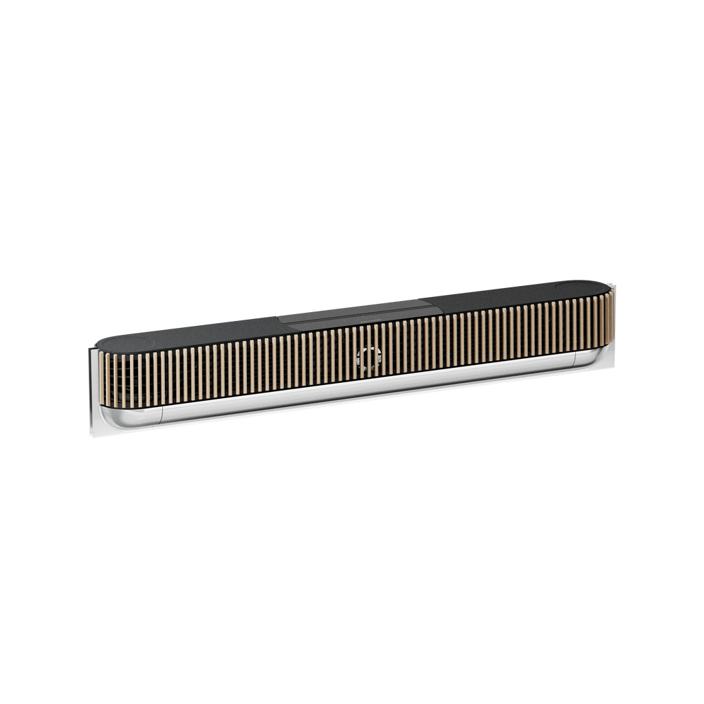 Bang & Olufsen, B&O Beosound Theatre in silber in der Größe 55 Zoll mit einem Cover aus hellem Eichenholz