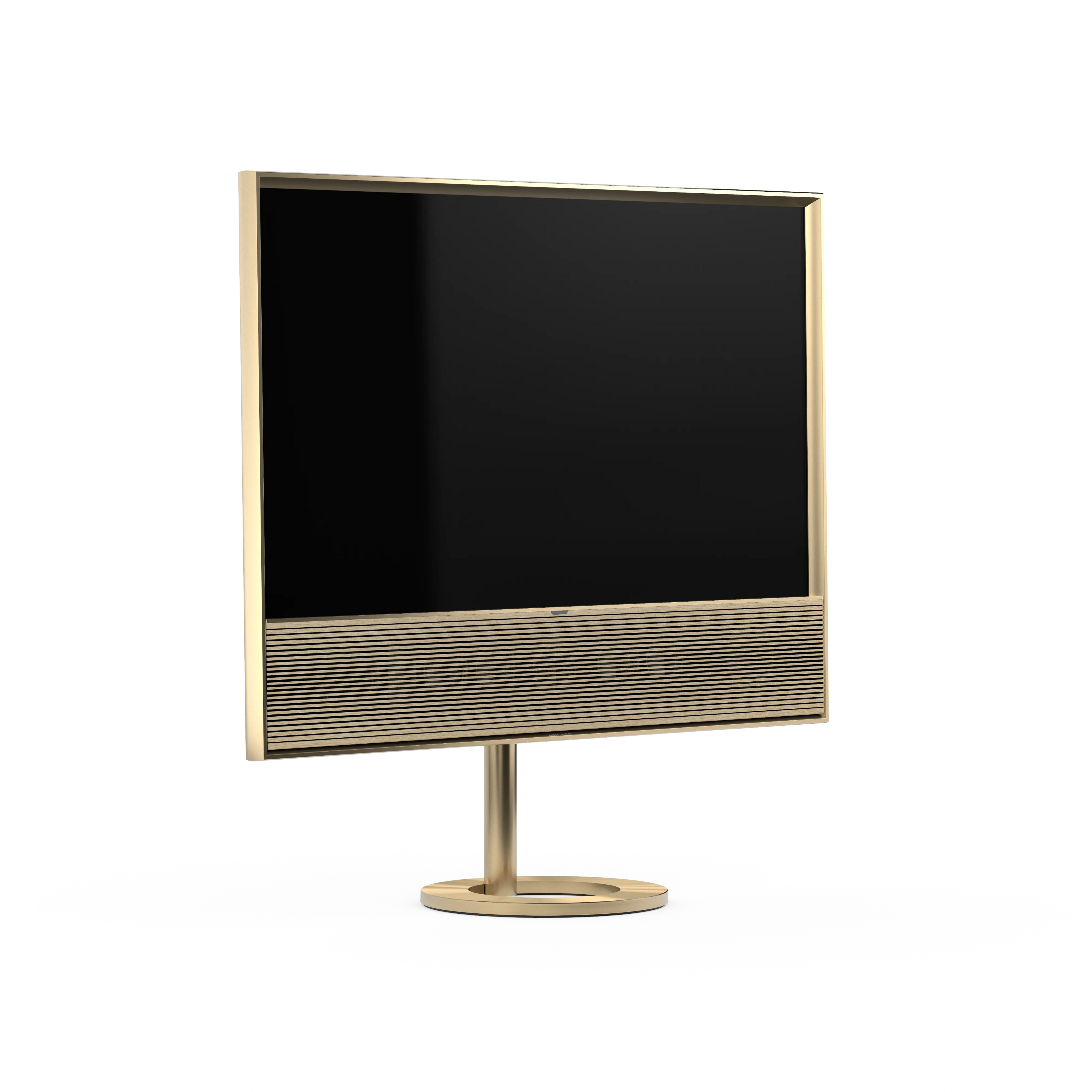 Bang & Olufsen, B&O, Beovision Contour Gold Tone mti Holzabdeckung in light oak auf Bodenstandfuß - Seitliche Ansicht vorn