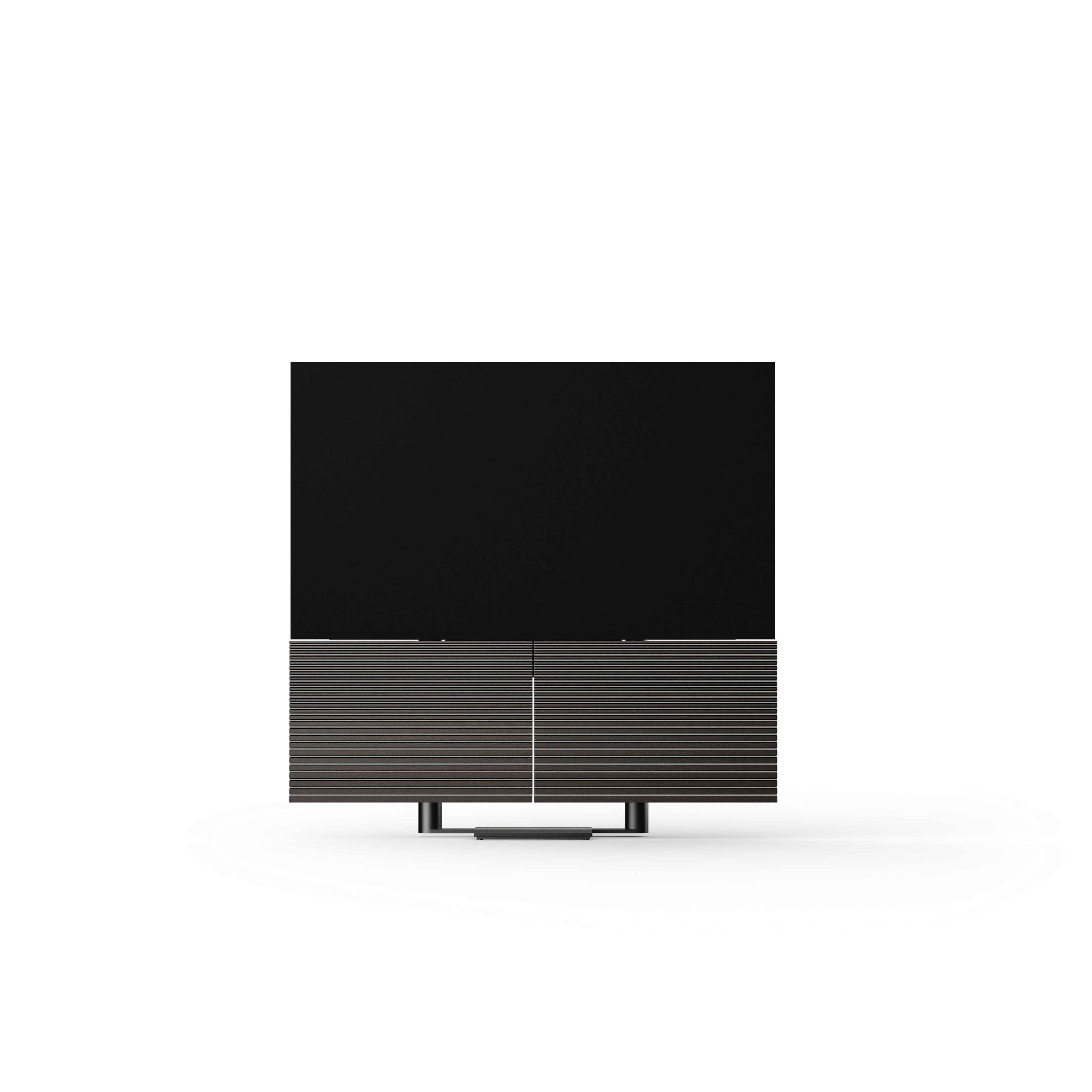 Bang & Olufsen, B&O, Beovision Harmony in Black Anthracite / Dark Oak Cover  - frontale Ansicht, motorisierter Bodenstandfuß