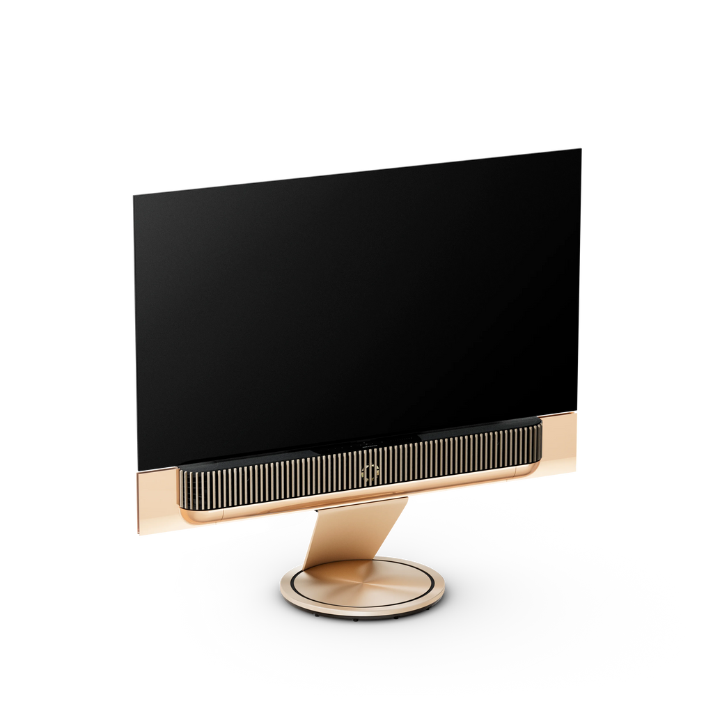 Bang & Olufsen, B&O, Beovision Theatre 65 Zoll in Gold Tone mit Holzcover in Light oak auf Bodenstandfuß5 