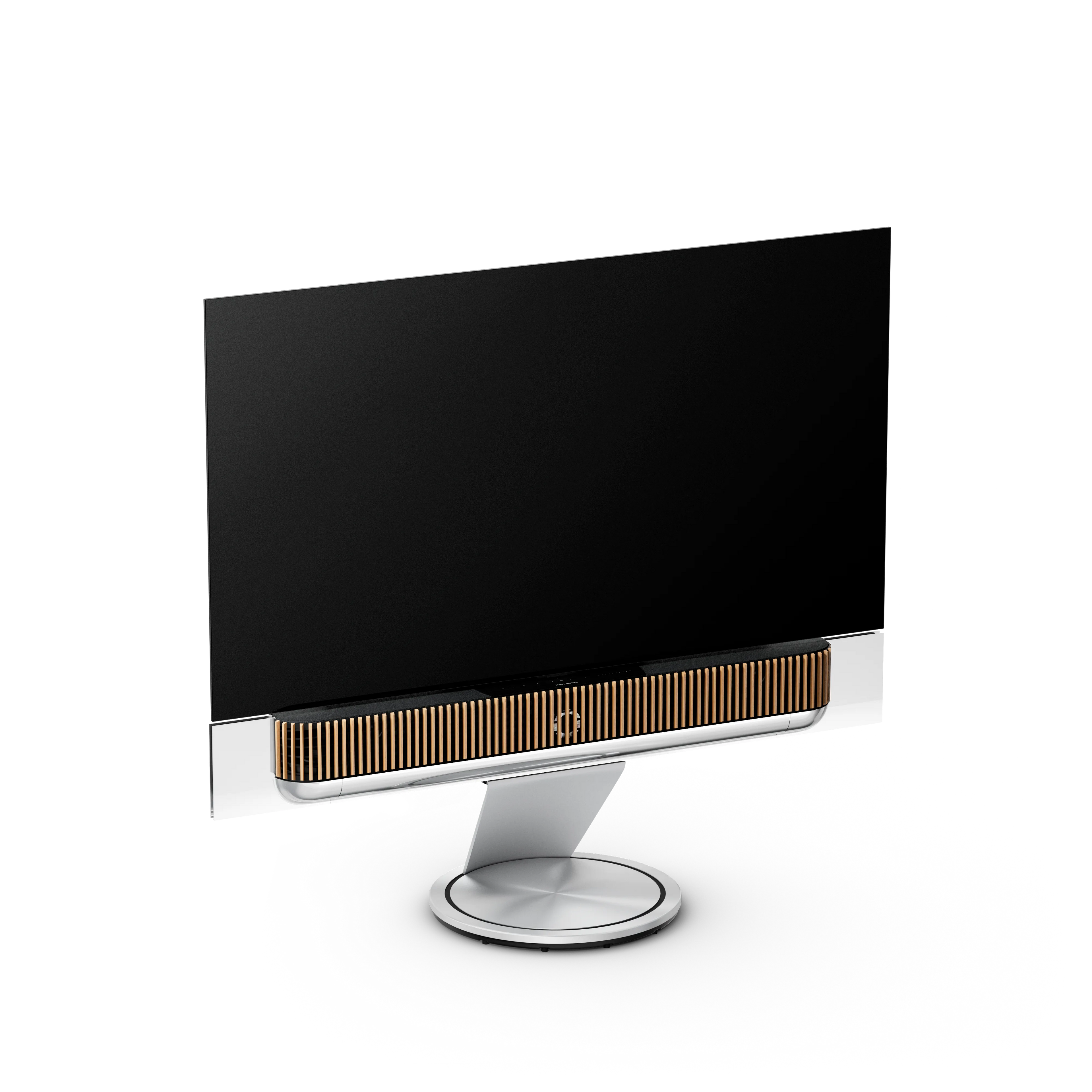Bang & Olufsen, B&O, Beovision Theatre 65 Zoll in silber mit Holzcover aus Eichenholz auf Bodenstandfuß
