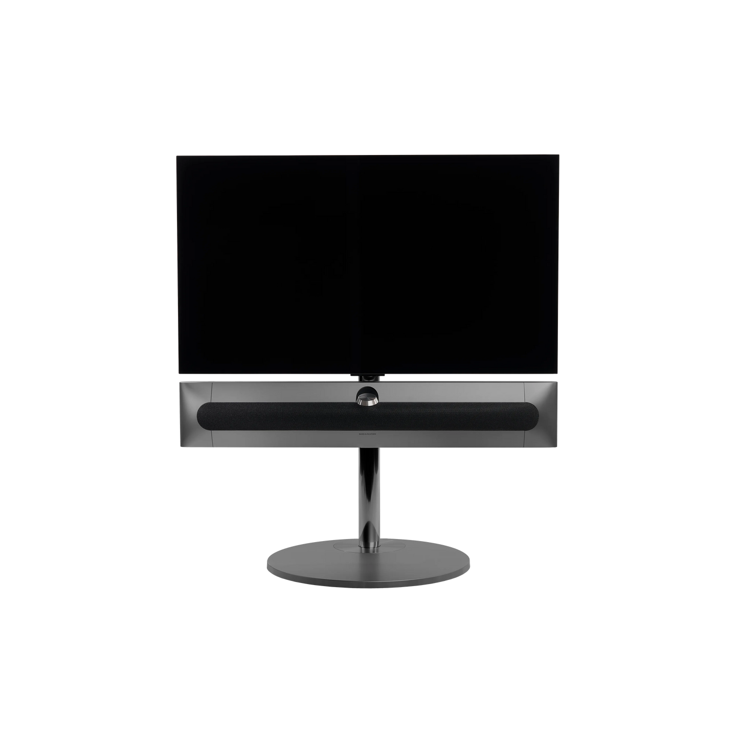 Beosound Premiere in black anthracite auf Bodenstandfuß von stb brackets,  mit Stoff- Abdeckung in Grey Mélange vorn, mit 42 Zoll LG OLED Panel - Ansicht frontal 