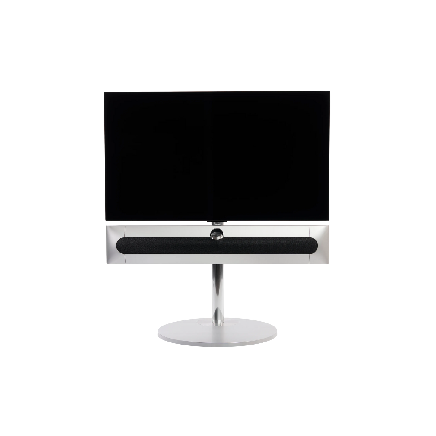 Beosound Premiere in natural aluminium auf STB Bodenstandfuß, mit Stoffcover in Grey Mélange, mit 42 Zoll LG OLED Panel - Frontale Ansicht