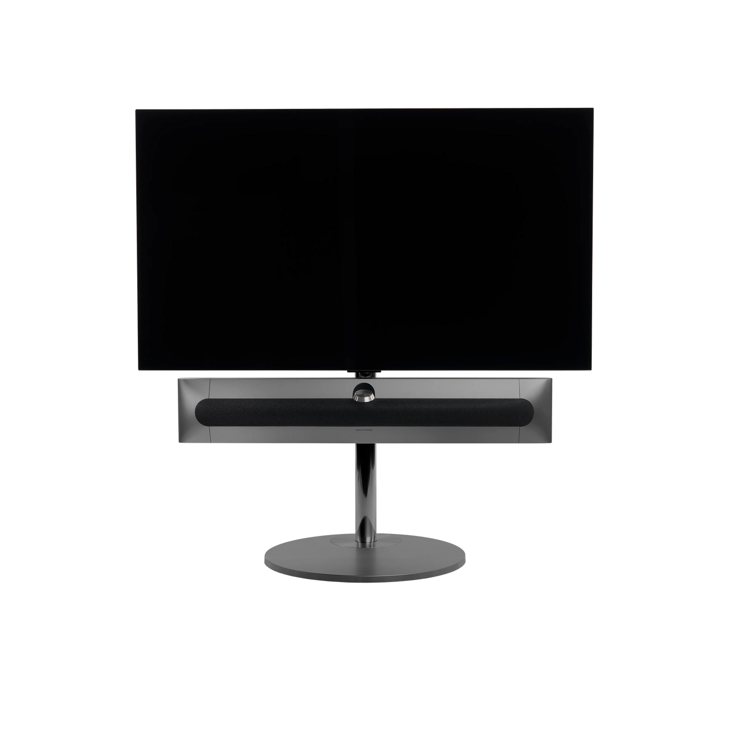 Beosound Premiere in black anthracite auf Bodenstandfuß von stb brackets,  mit Stoff- Abdeckung in Grey Mélange vorn, mit 48 Zoll LG OLED Panel - Ansicht frontal 