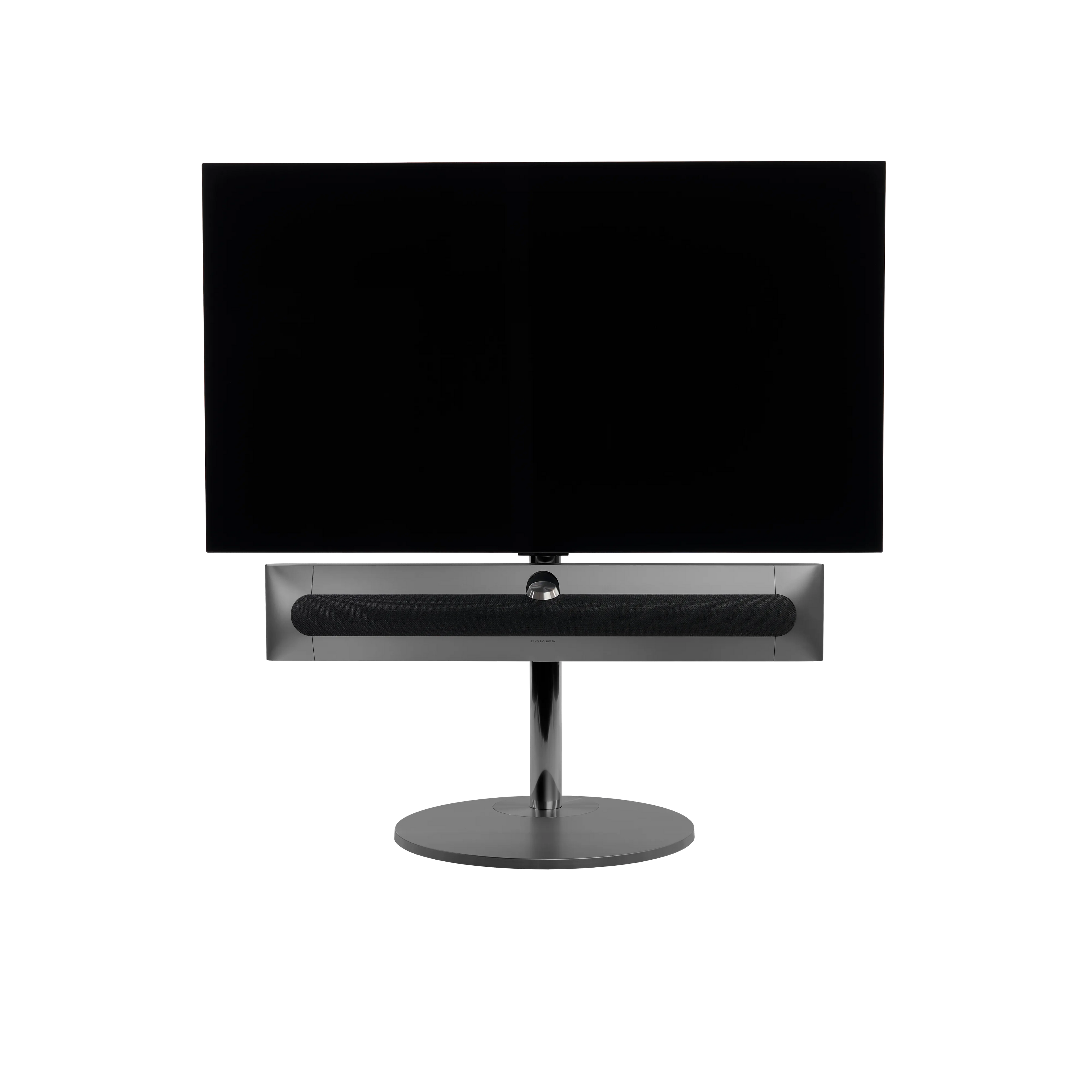 Beosound Premiere in black anthracite auf Bodenstandfuß von stb brackets,  mit Stoff- Abdeckung in Grey Mélange vorn, mit 48 Zoll LG OLED Panel - Ansicht frontal 