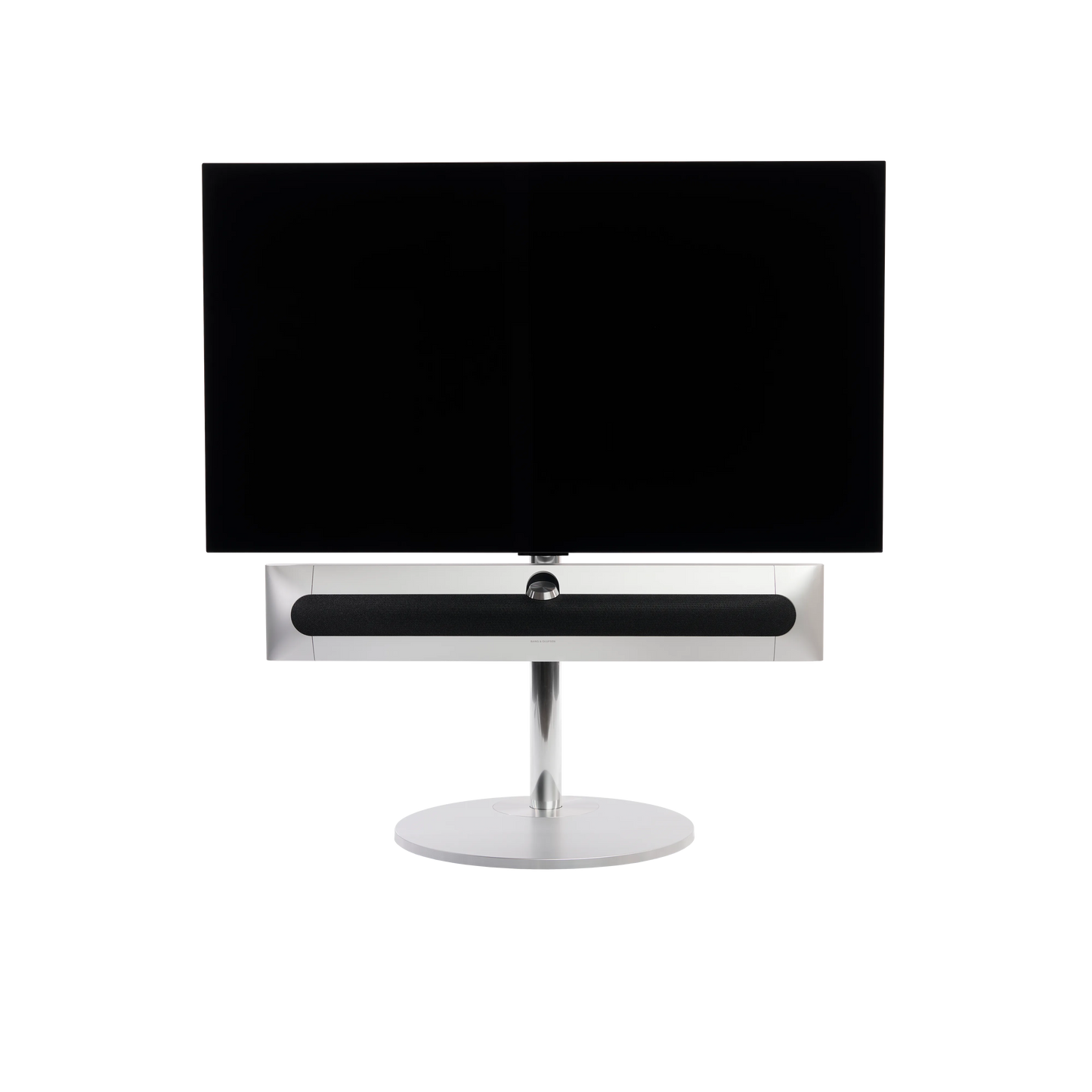 Beosound Premiere in natural aluminium auf STB Bodenstandfuß, mit Stoffcover in Grey Mélange, mit 48 Zoll LG OLED Panel - Frontale Ansicht