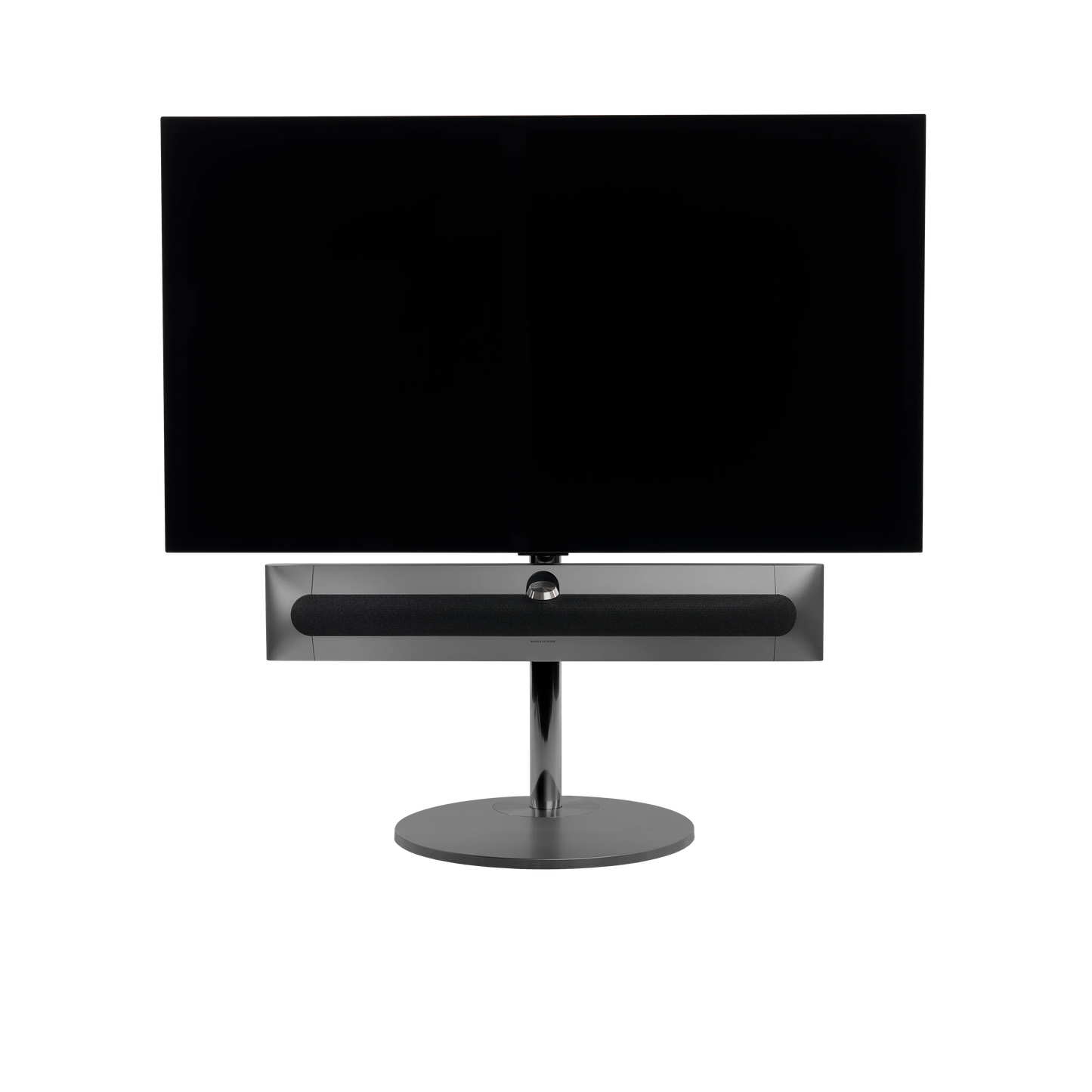 Beosound Premiere in black anthracite auf Bodenstandfuß von stb brackets,  mit Stoff- Abdeckung in Grey Mélange vorn, mit 55 Zoll LG OLED Panel - Ansicht frontal 