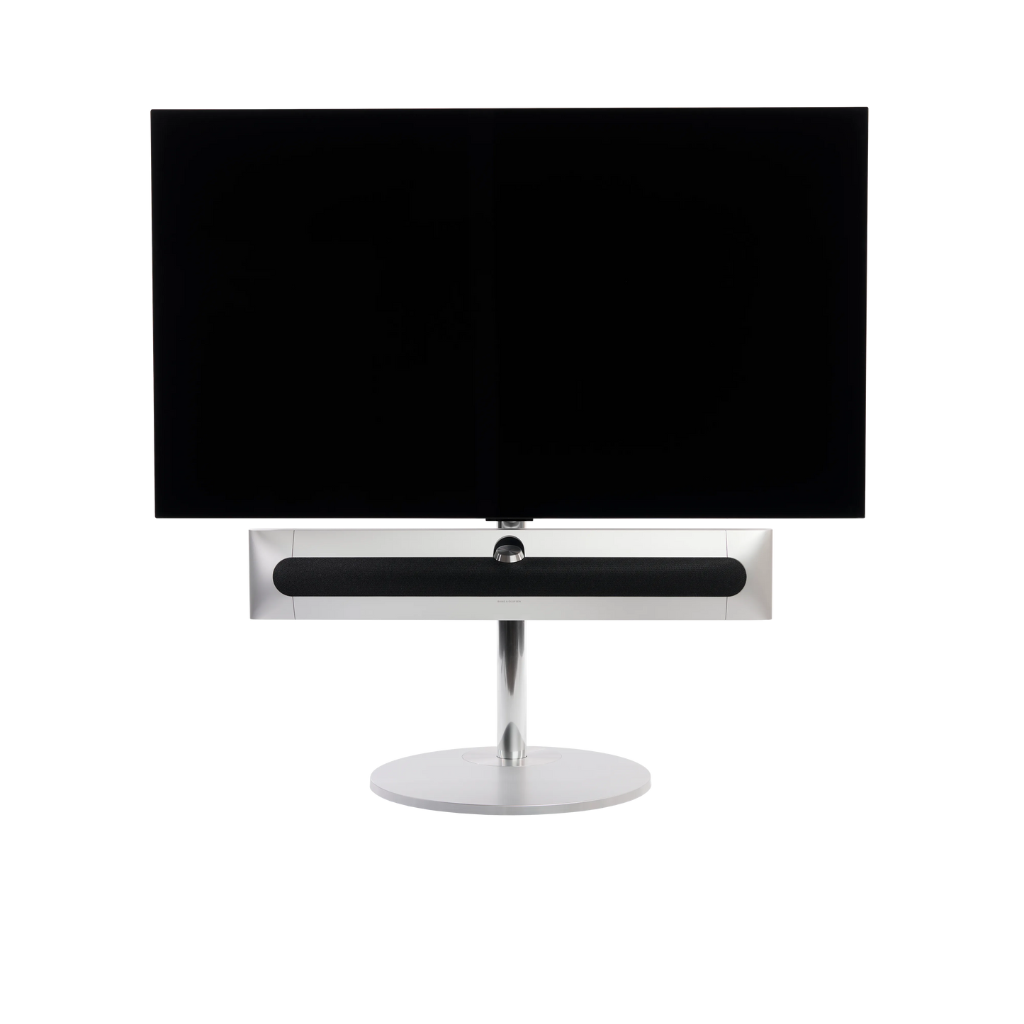 Beosound Premiere in natural aluminium auf STB Bodenstandfuß, mit Stoffcover in Grey Mélange, mit 55 Zoll LG OLED Panel - Frontale Ansicht