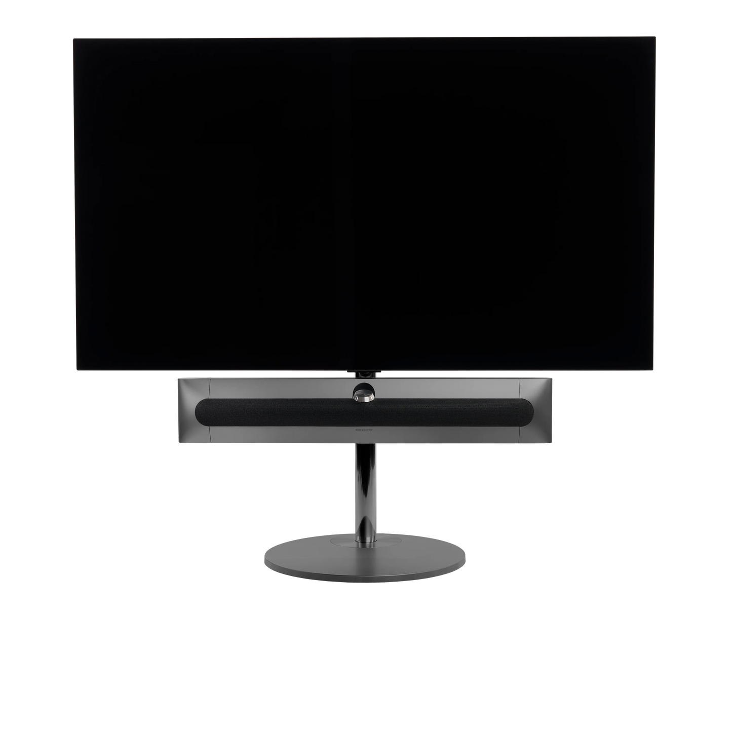 Beosound Premiere in black anthracite auf Bodenstandfuß von stb brackets,  mit Stoff- Abdeckung in Grey Mélange vorn, mit 65  Zoll LG OLED Panel - Ansicht frontal 