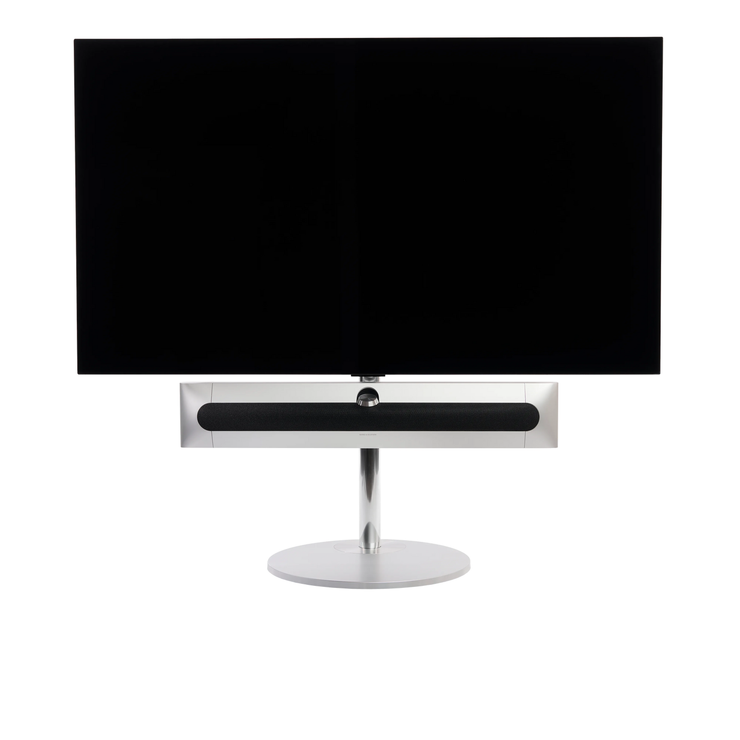 Beosound Premiere in natural aluminium auf STB Bodenstandfuß, mit Stoffcover in Grey Mélange, mit 65 Zoll LG OLED Panel - Frontale Ansicht
