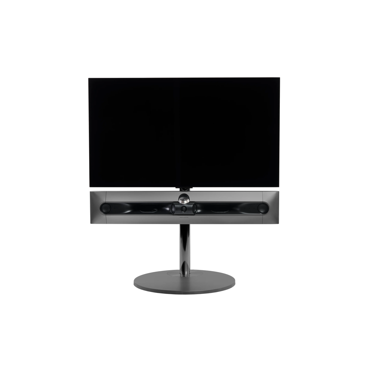 Beosound Premiere in black anthracite auf Bodenstandfuß von stb brackets,  ohne Abdeckung vorn, mit 42 Zoll LG OLED Panel - Ansicht frontal 
