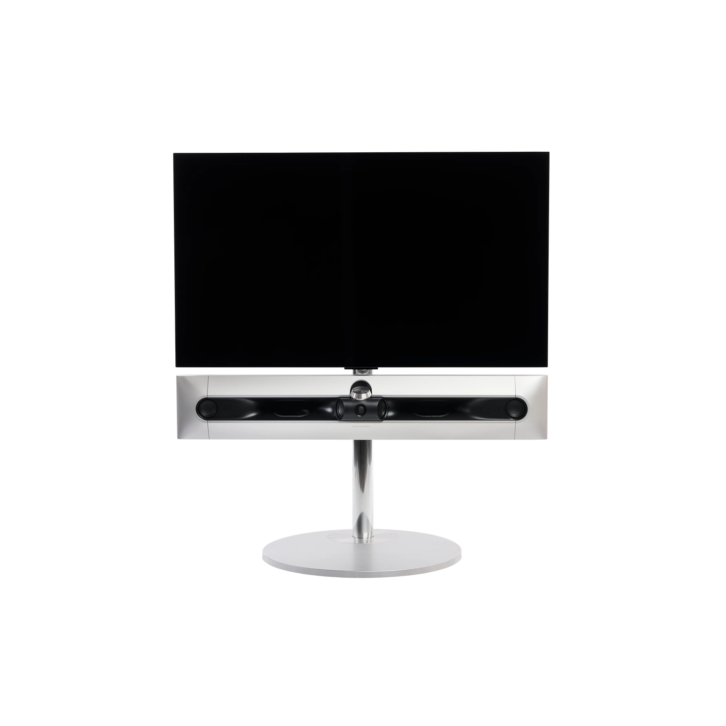 Beosound Premiere in natural aluminium auf STB Bodenstandfuß, ohne Cover, mit 42 Zoll LG OLED Panel - Frontale Ansicht