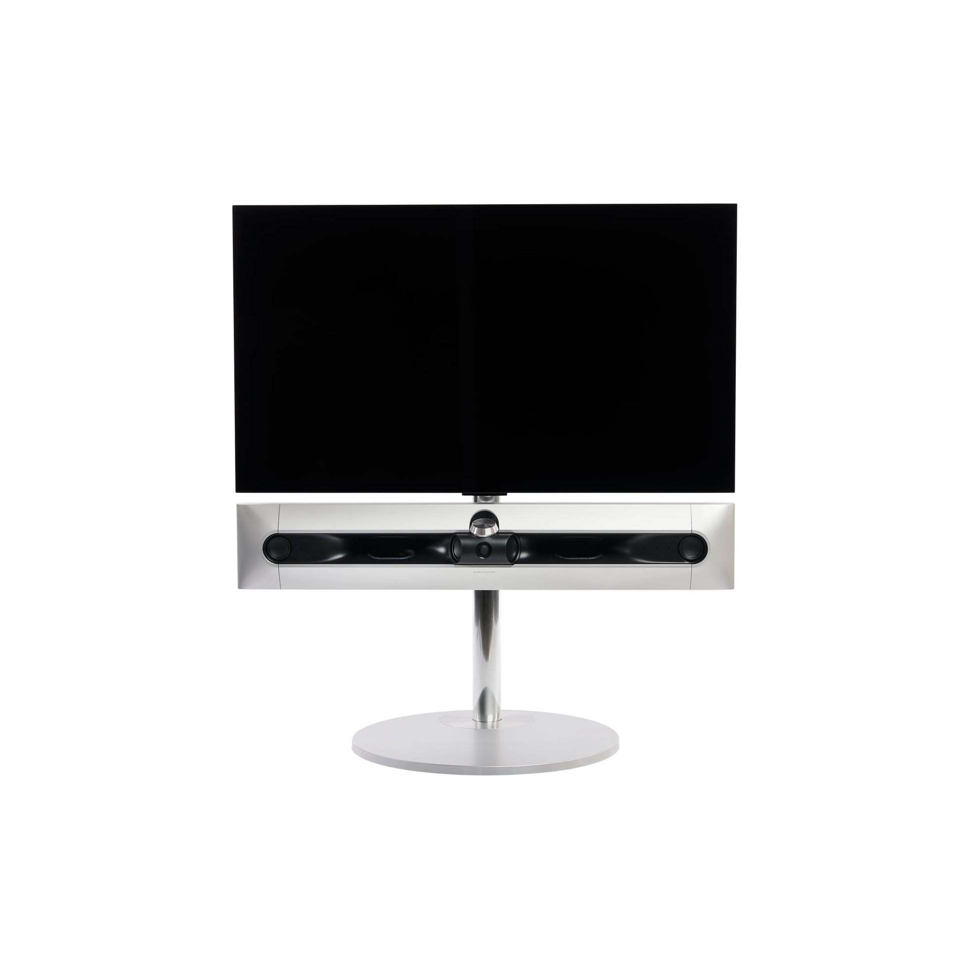 Beosound Premiere in natural aluminium auf STB Bodenstandfuß, ohne Cover, mit 42 Zoll LG OLED Panel - Frontale Ansicht