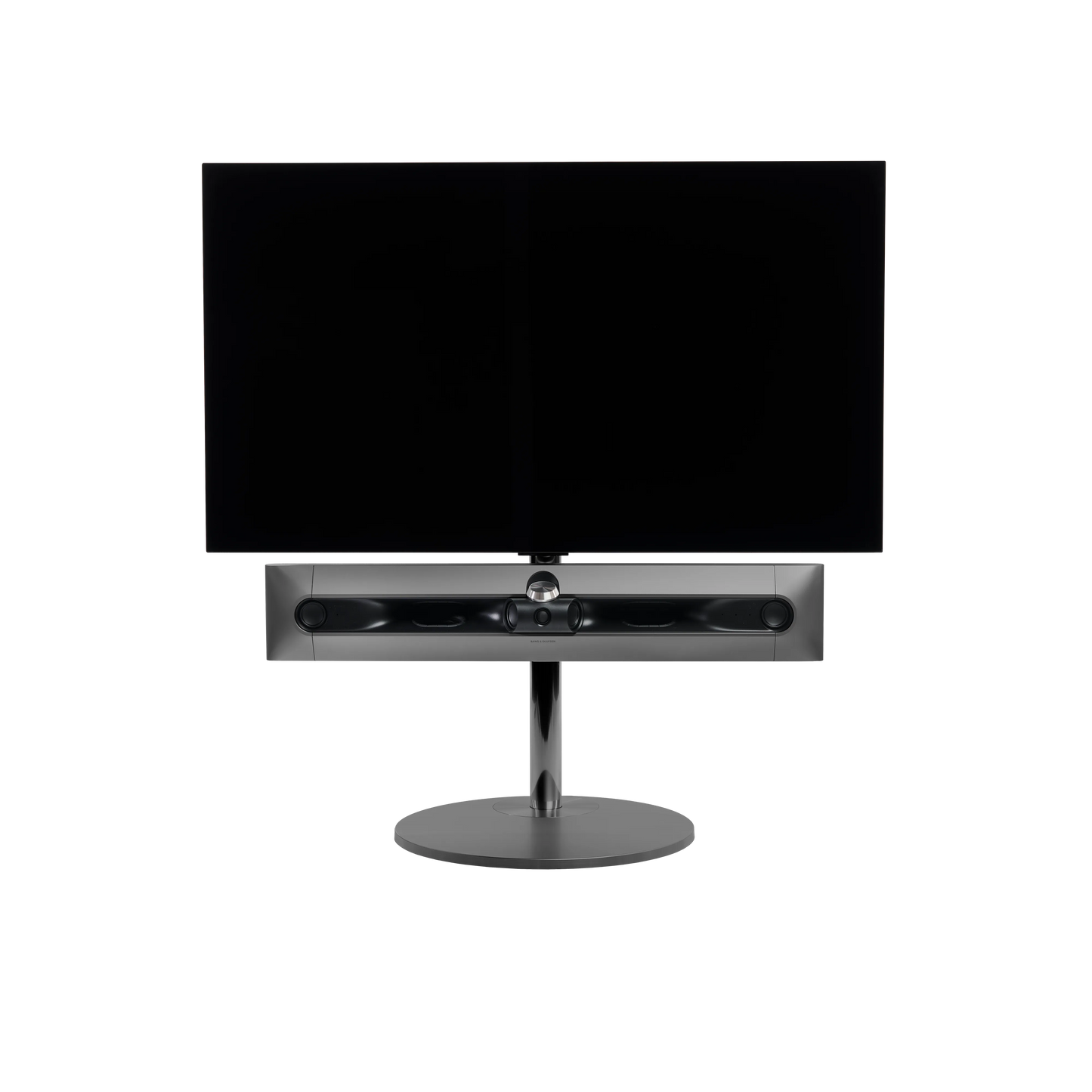 Beosound Premiere in black anthracite auf Bodenstandfuß von stb brackets,  ohne Abdeckung vorn, mit 48  Zoll LG OLED Panel - Ansicht frontal 