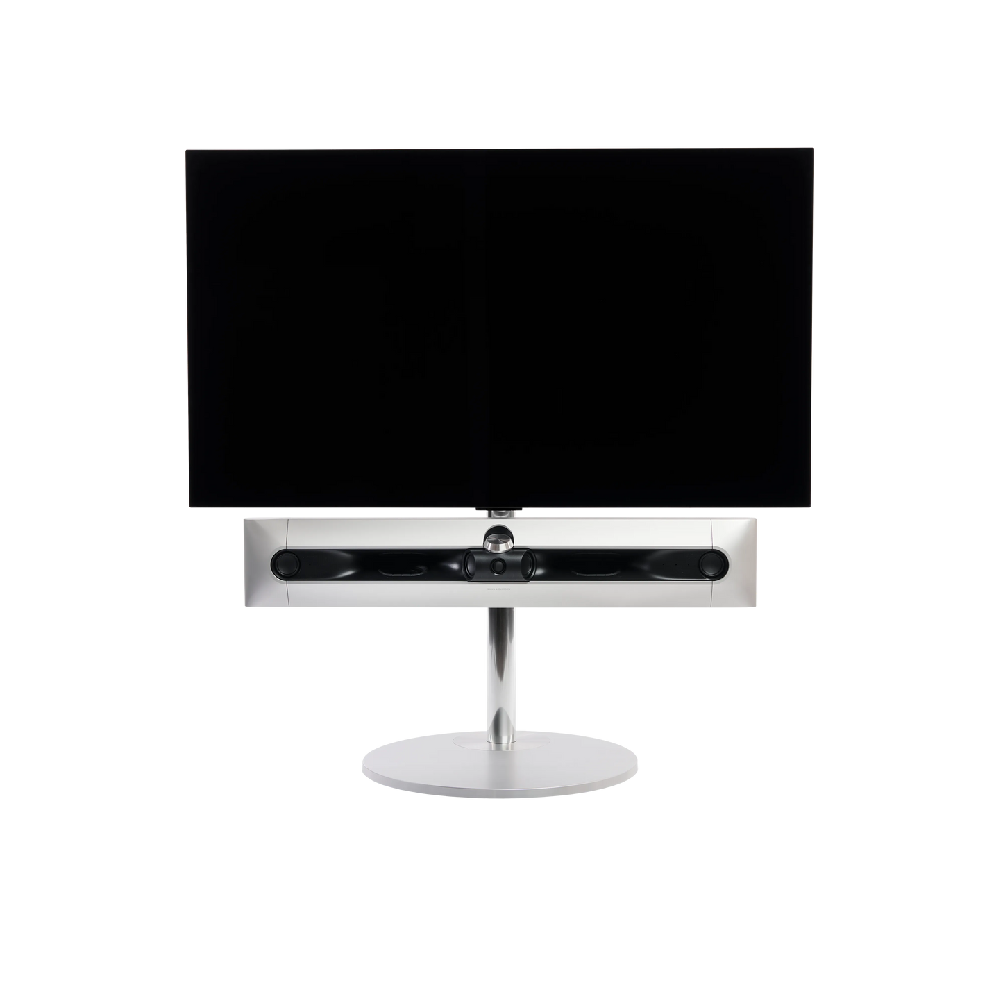 Beosound Premiere in natural aluminium auf STB Bodenstandfuß, ohne Cover, mit 48 Zoll LG OLED Panel - Frontale Ansicht
