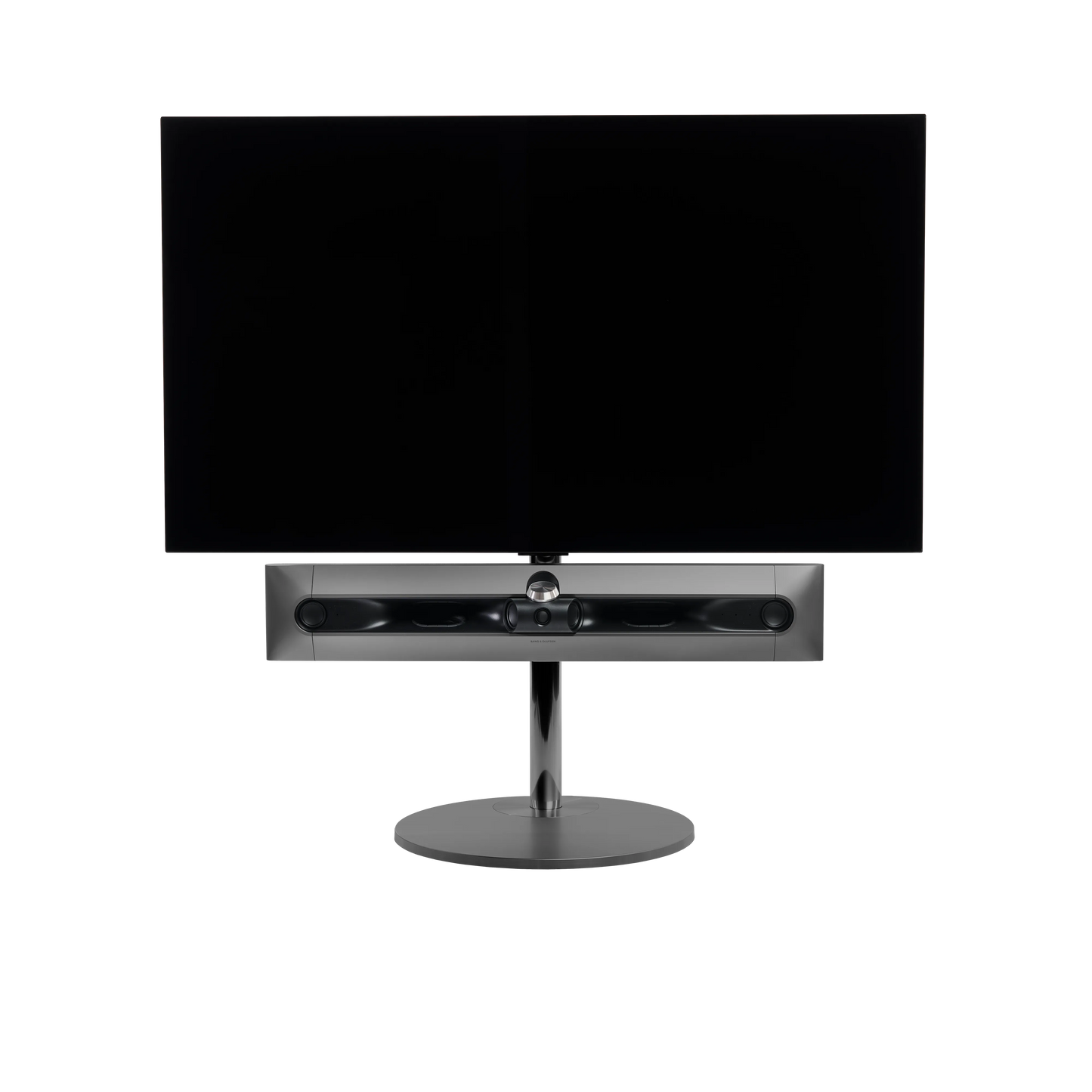 Beosound Premiere in black anthracite auf Bodenstandfuß von stb brackets,  ohne Abdeckung vorn, mit 55  Zoll LG OLED Panel - Ansicht frontal 