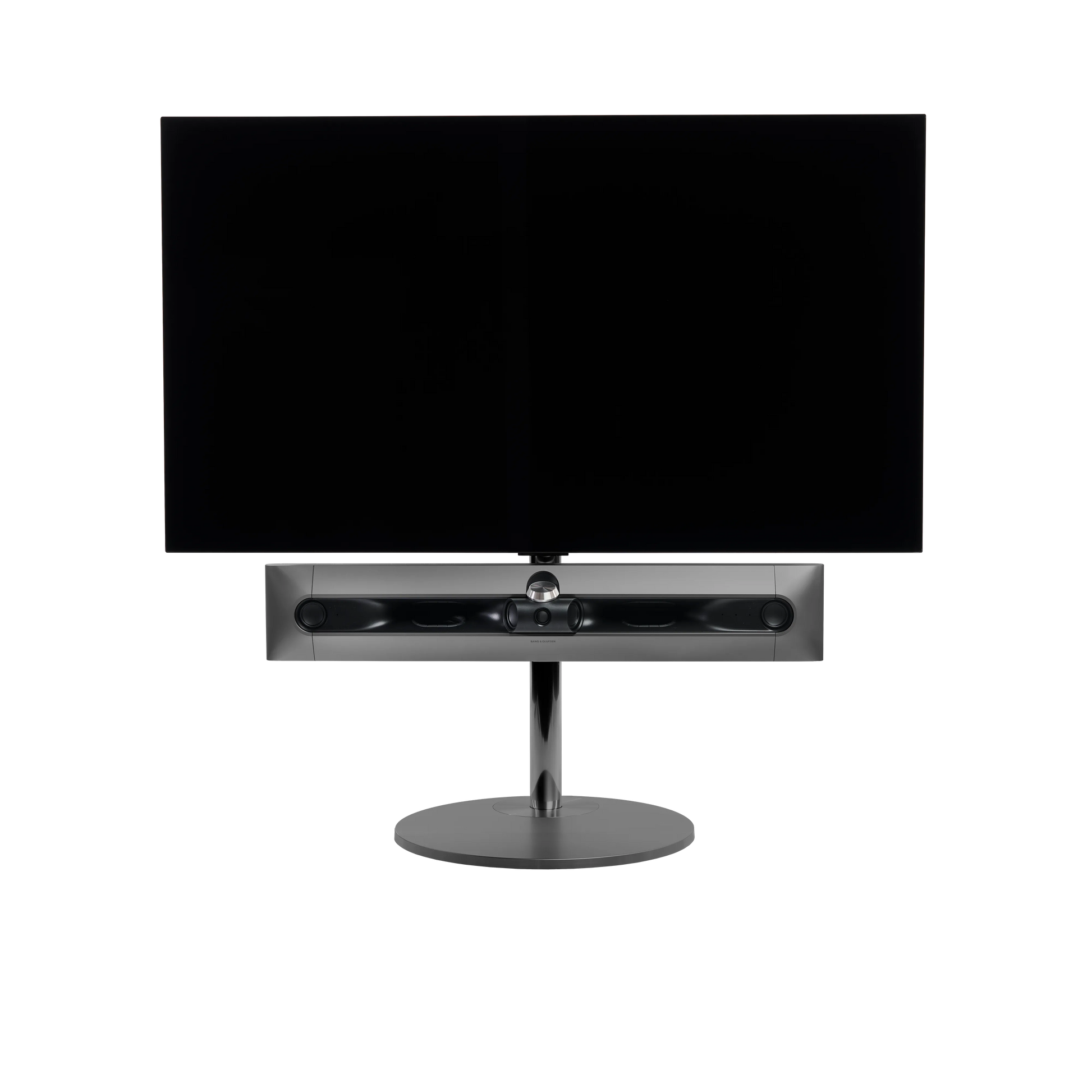Beosound Premiere in black anthracite auf Bodenstandfuß von stb brackets,  ohne Abdeckung vorn, mit 55  Zoll LG OLED Panel - Ansicht frontal 