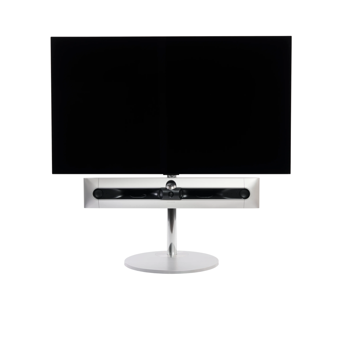 Beosound Premiere in natural aluminium auf STB Bodenstandfuß, ohne Cover, mit 55 Zoll LG OLED Panel - Frontale Ansicht