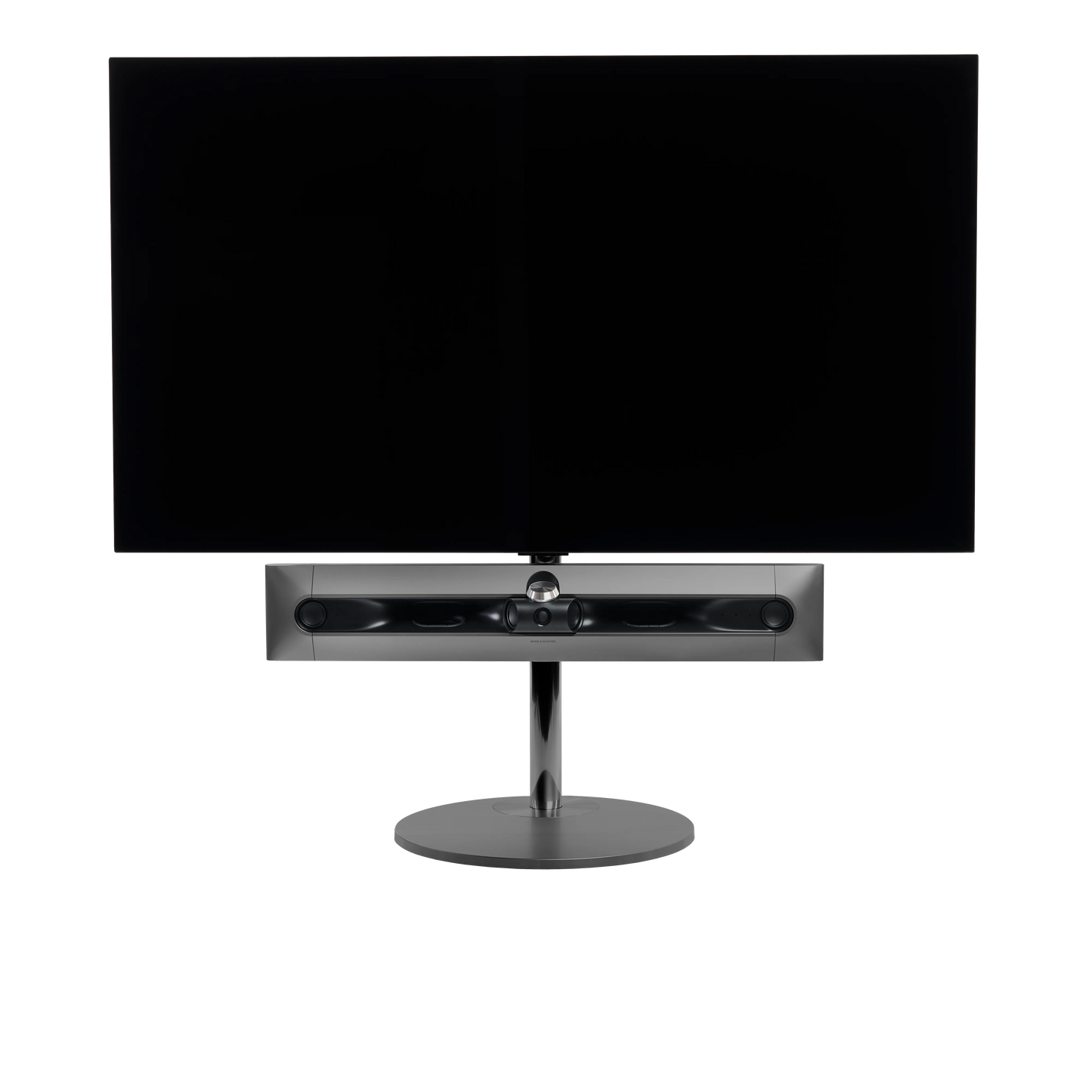 Beosound Premiere in black anthracite auf Bodenstandfuß von stb brackets,  ohne Abdeckung vorn, mit 65  Zoll LG OLED Panel - Ansicht frontal 