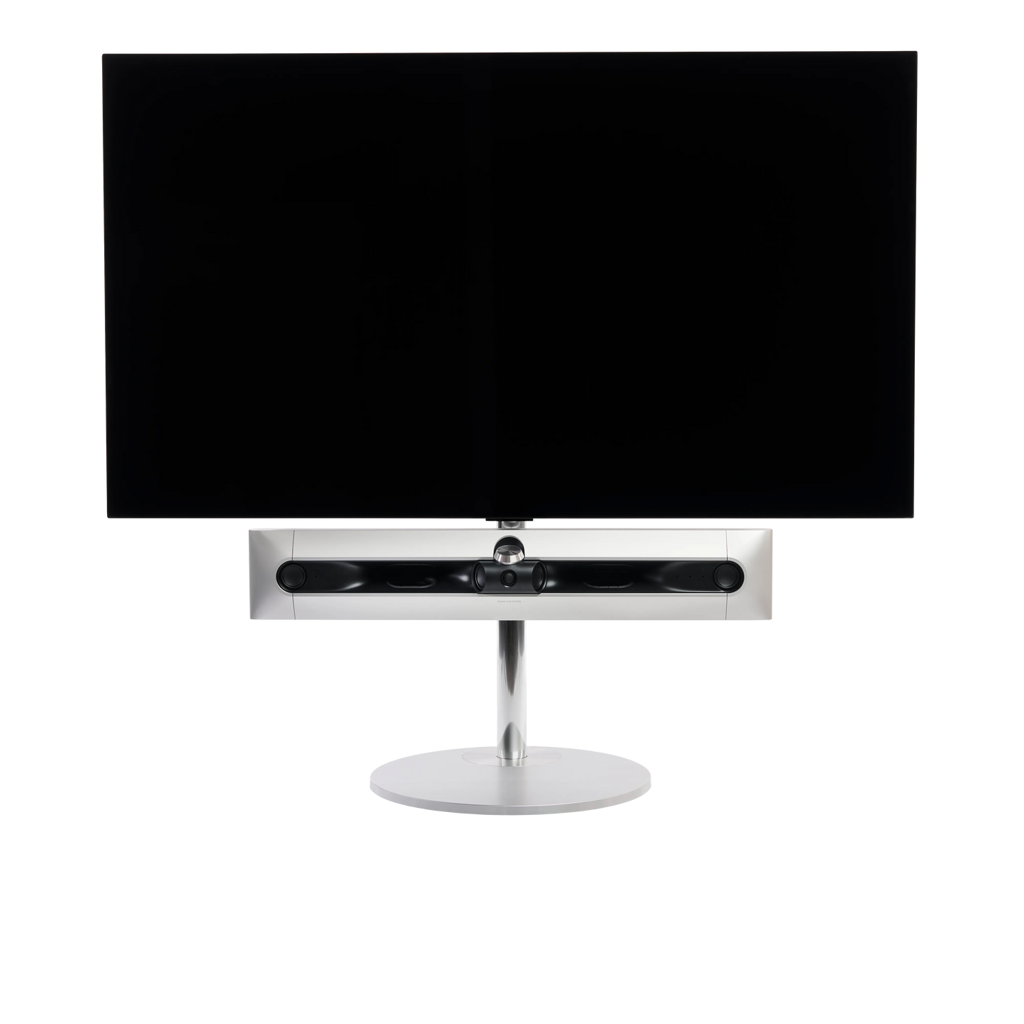 Beosound Premiere in natural aluminium auf STB Bodenstandfuß, ohne Cover, mit 65 Zoll LG OLED Panel - Frontale Ansicht