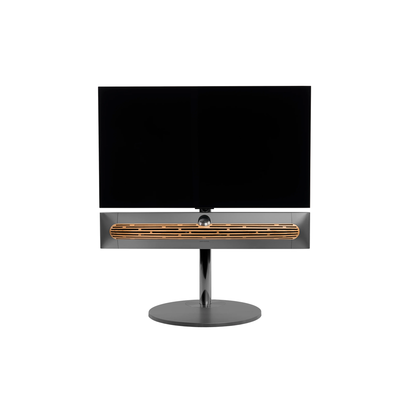 Beosound Premiere in black anthracite auf Bodenstandfuß von stb brackets,  mit Eichenholz- Abdeckung vorn, mit 42 Zoll LG OLED Panel - Ansicht frontal 