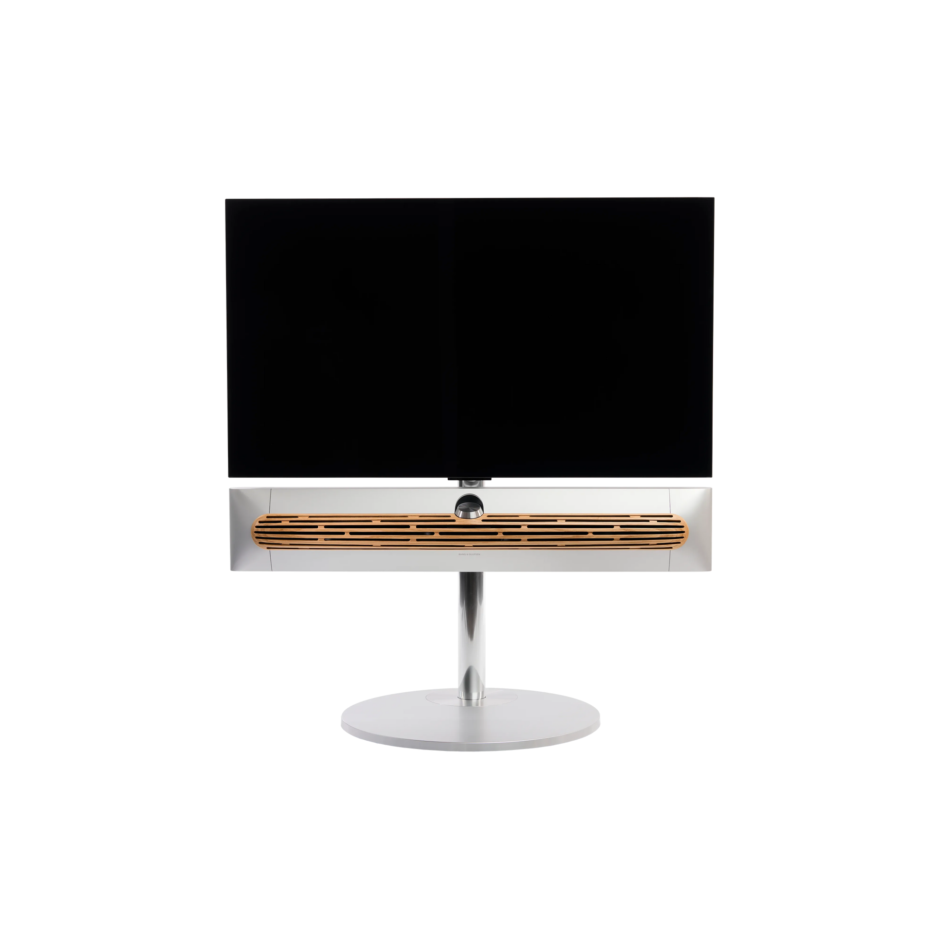 Beosound Premiere in natural aluminium auf STB Bodenstandfuß mit Eichenholzcover , mit 42 Zoll LG OLED Panel - Frontale Ansicht