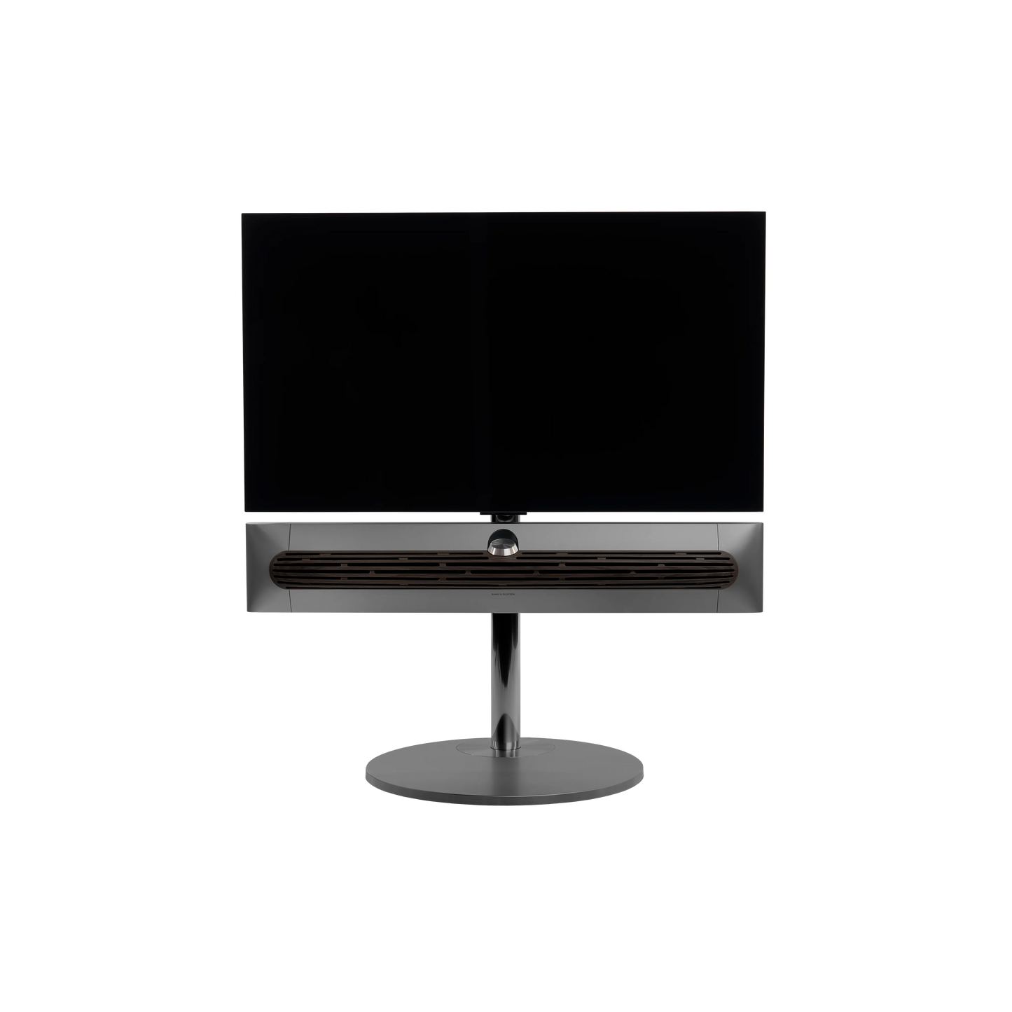 Beosound Premiere in black anthracite auf STB Bodenstandfuß mit Holzcover in Dark Oak und 42 Zoll Panel