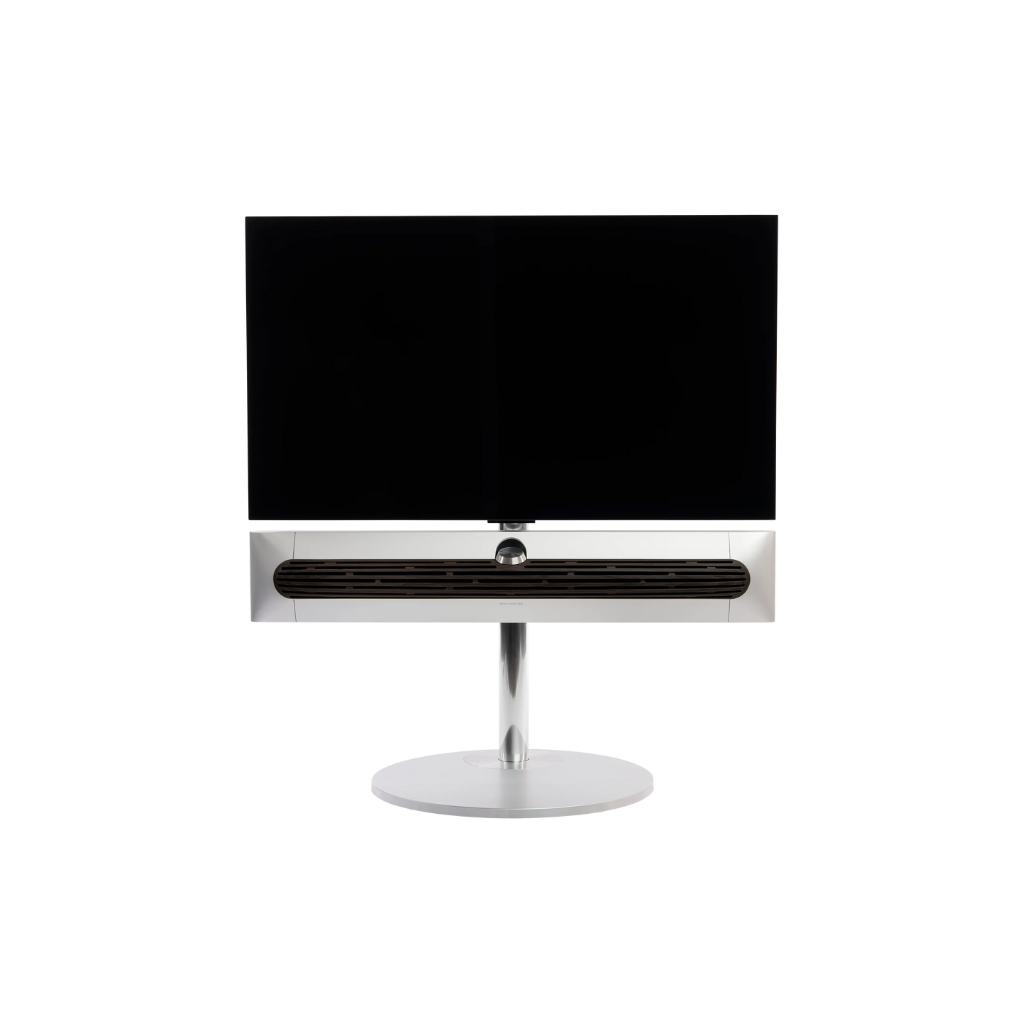 Beosound Premiere in silber auf STB Standfuß mit Holzcover in Dark oak und 42 Zoll Panel