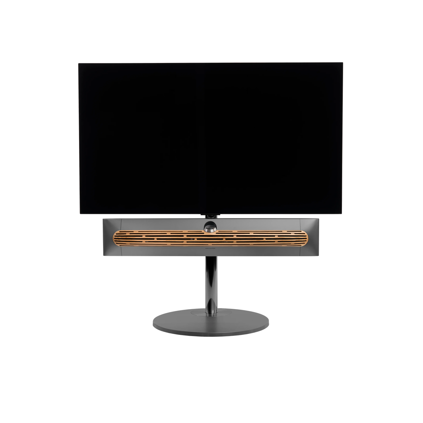 Beosound Premiere in black anthracite auf Bodenstandfuß von stb brackets,  mit Eichenholz- Abdeckung vorn, mit 48  Zoll LG OLED Panel - Ansicht frontal 