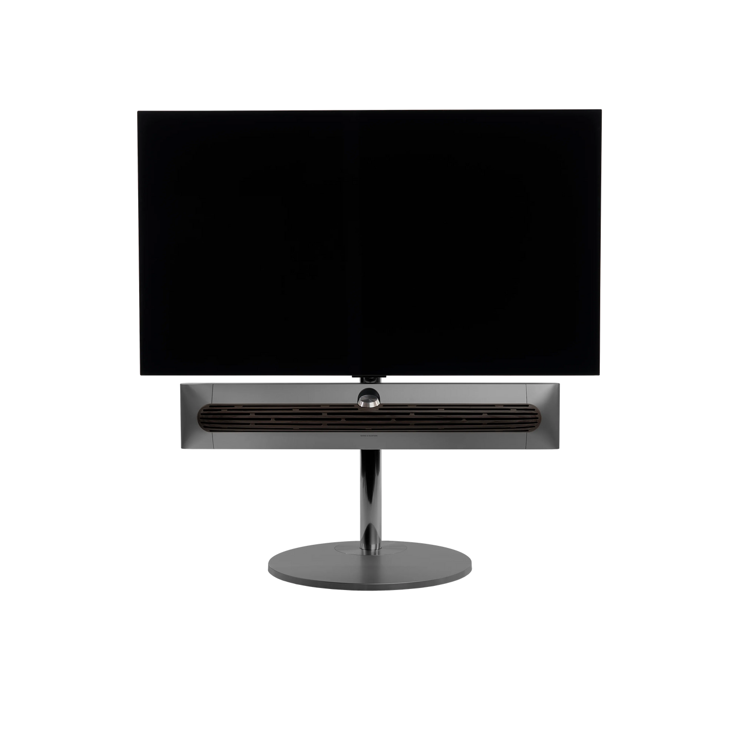 Beosound Premiere in black anthracite auf STB Bodenstandfuß mit Holzcover in Dark Oak und 48 Zoll Panel