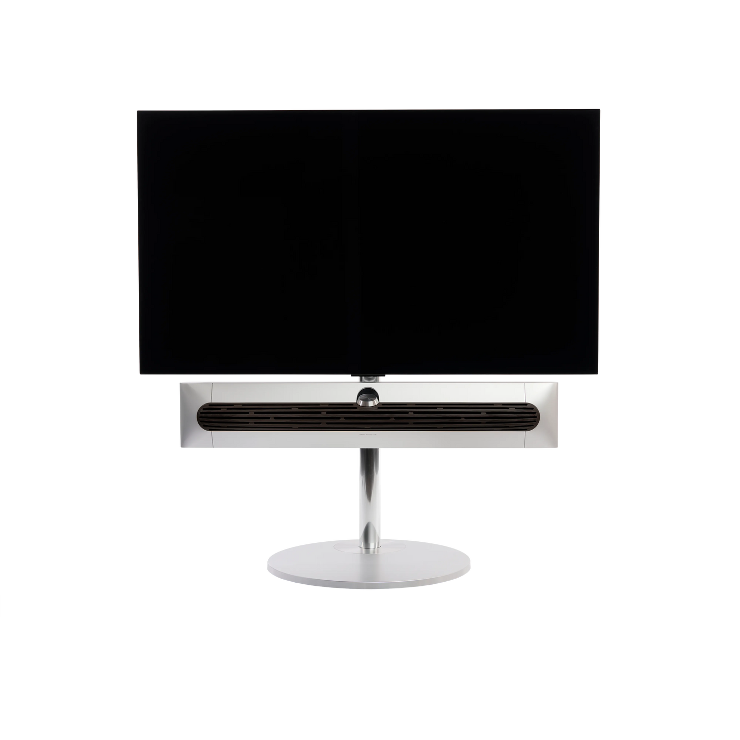 Beosound Premiere auf STB Standfuß mit Holzcover in Dark oak und 48 Zoll Panel