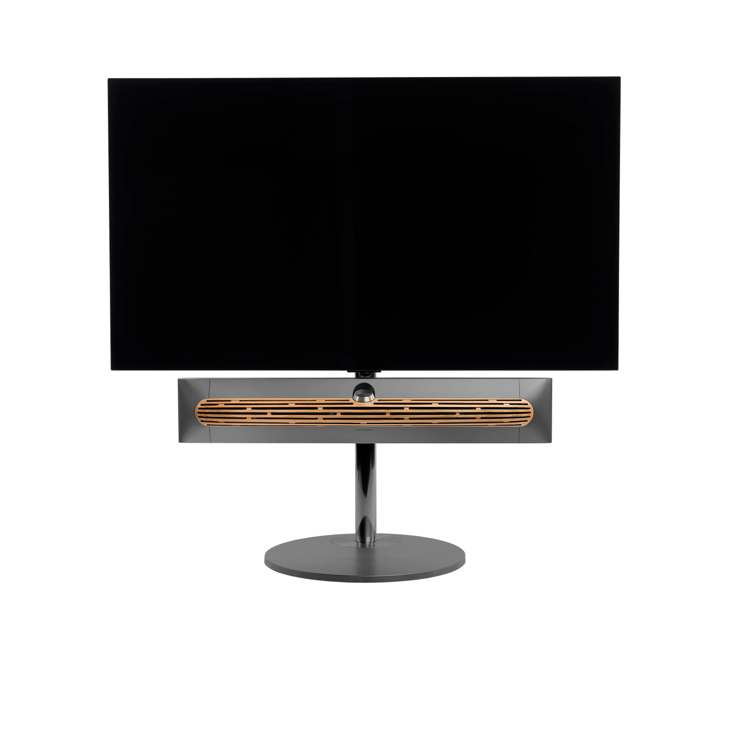 Beosound Premiere in black anthracite auf Bodenstandfuß von stb brackets,  mit Eichenholz- Abdeckung vorn, mit 55  Zoll LG OLED Panel - Ansicht frontal 
